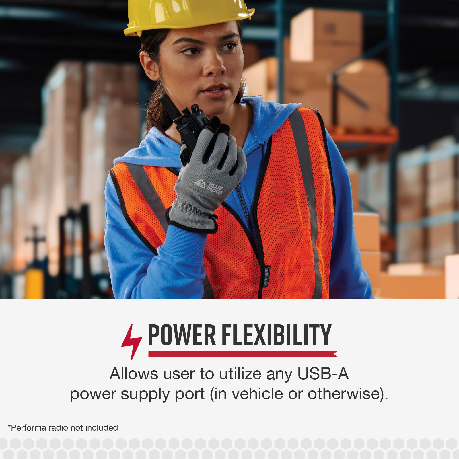 The text on the image reads: "RIDGE BLUE POWER FLEXIBILITY Allows user to utilize any USB-A power supply port (in vehicle or otherwise). *Performa radio not included."