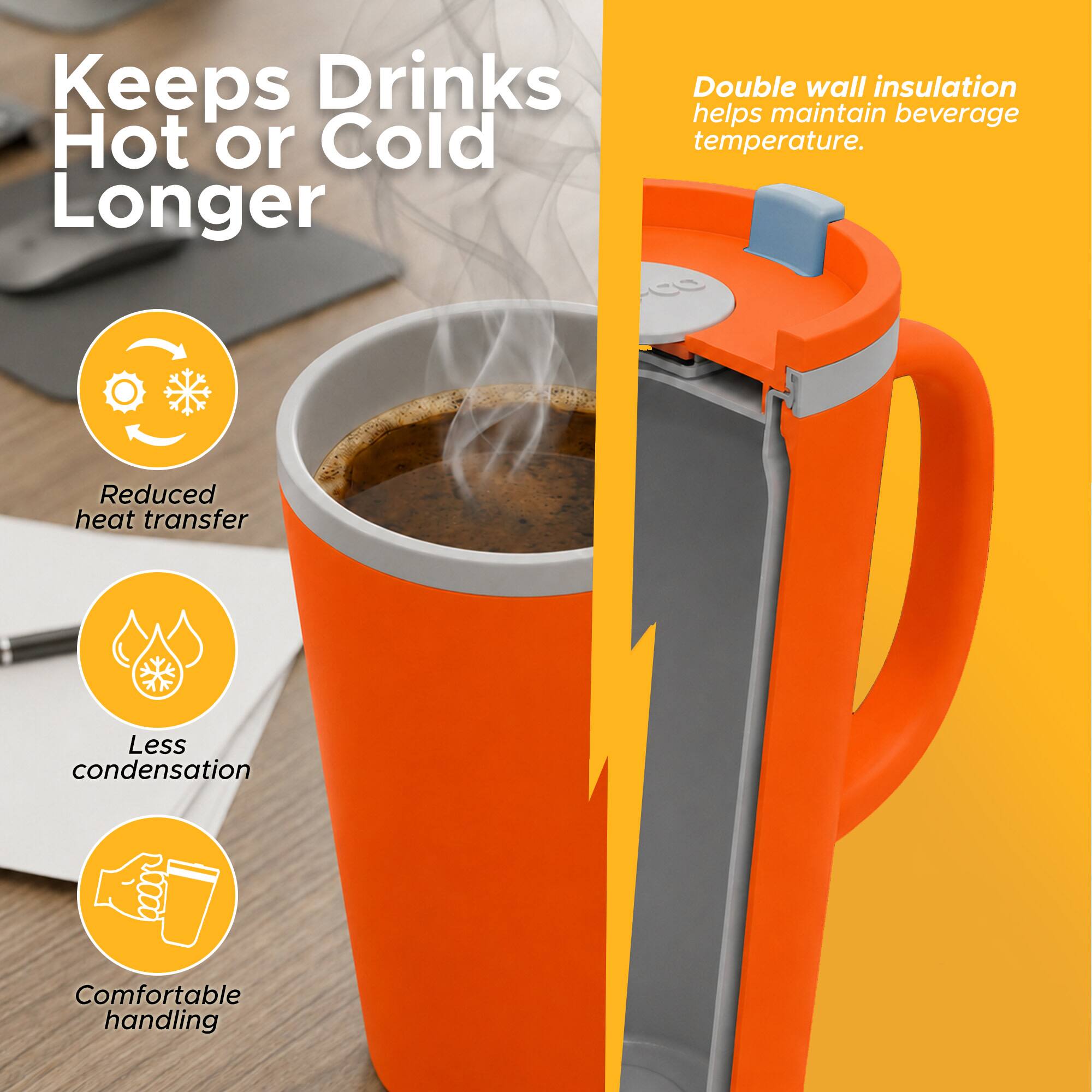 Keeps Drinks Hot or Cold Longer

Double wall insulation helps maintain beverage temperature.

Reduced heat transfer

Less condensation

Comfortable handling