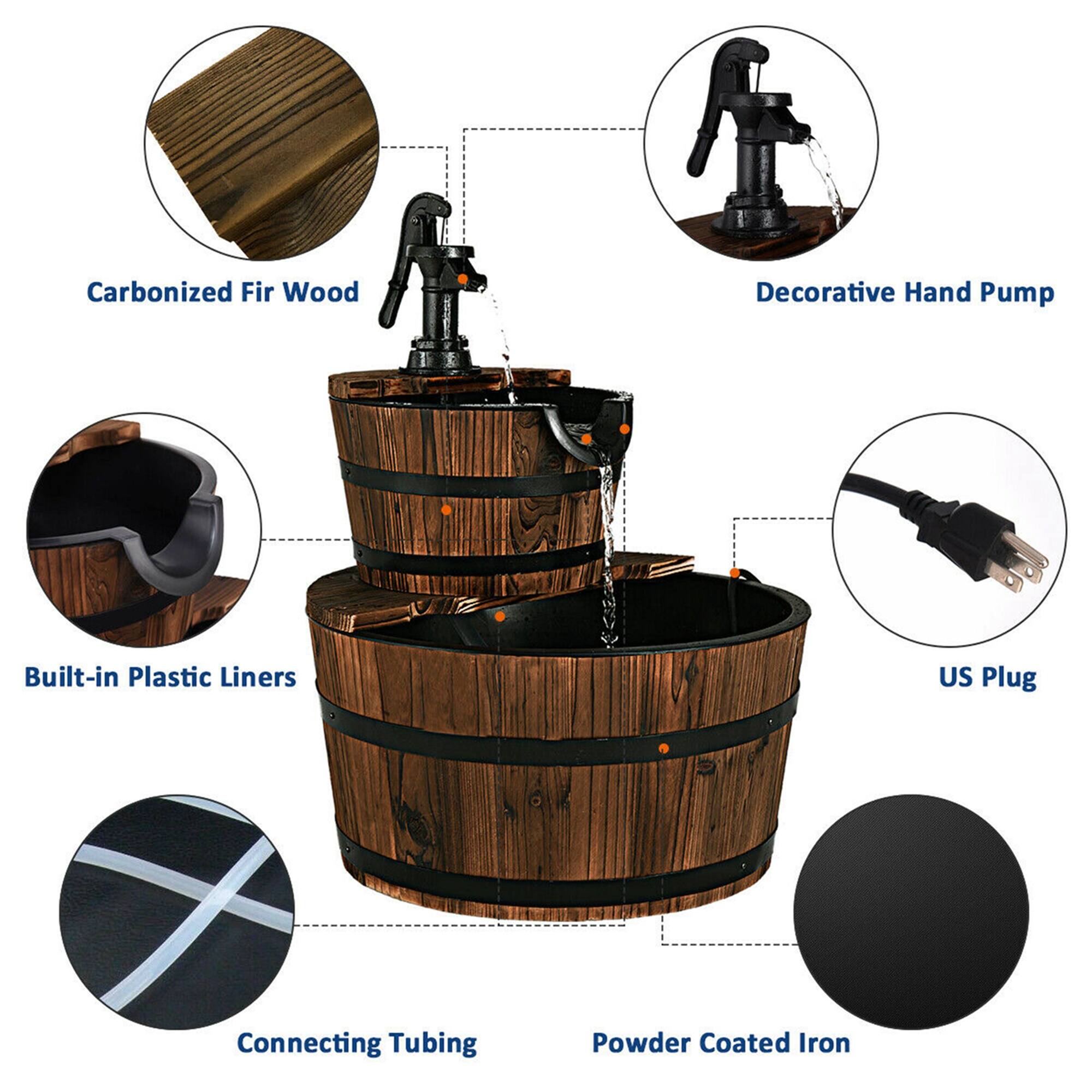 The image features a wooden barrel sink with a hand pump, which is made from carbonized fir wood. The sink is equipped with a decorative hand pump, and it has a built-in plastic liner. The sink is connected to tubing, and it is powered by a US plug. The sink is made of powder-coated iron, which adds to its durability and aesthetic appeal.