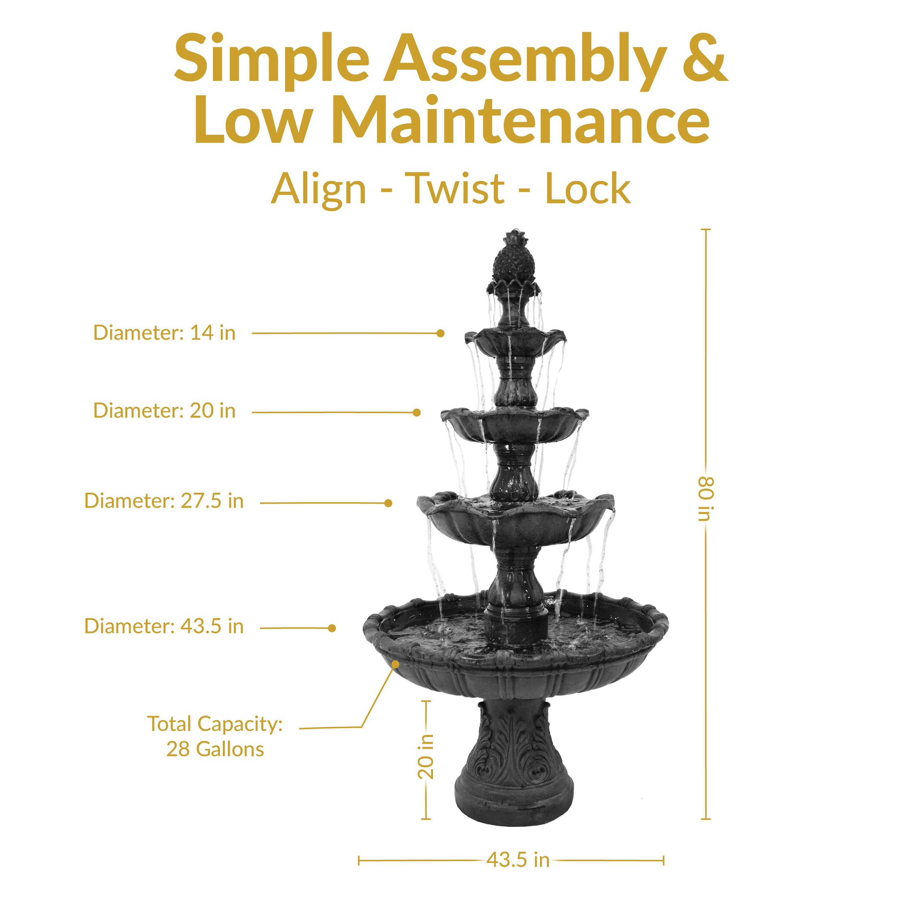 Simple Assembly & Low Maintenance  
Align - Twist - Lock  

Diameter: 14 in  
Diameter: 20 in  
Diameter: 27.5 in  
Diameter: 43.5 in  

Total Capacity: 28 Gallons  

Height: 80 in