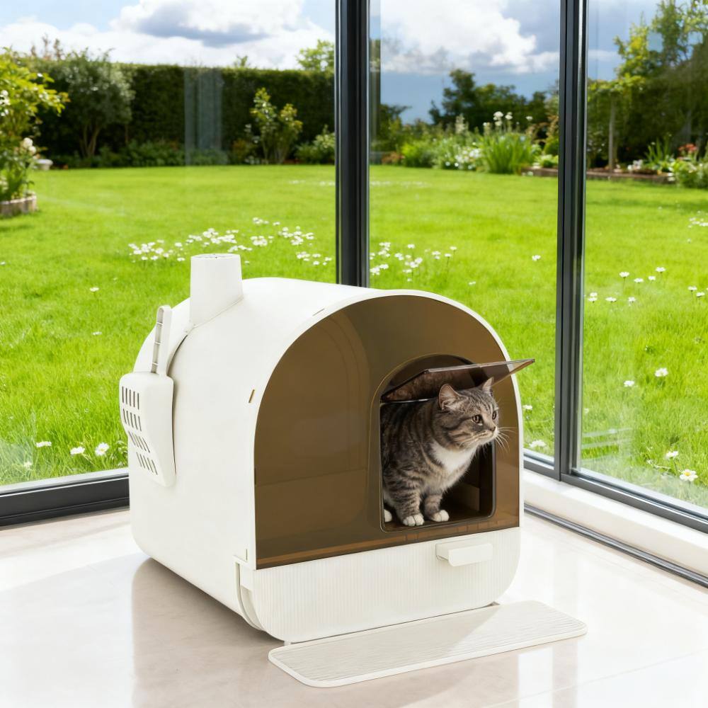 Left. Dexmalle - Dexmalle-Cat Litter Box with Lid with Scoop and Filter-White - White.