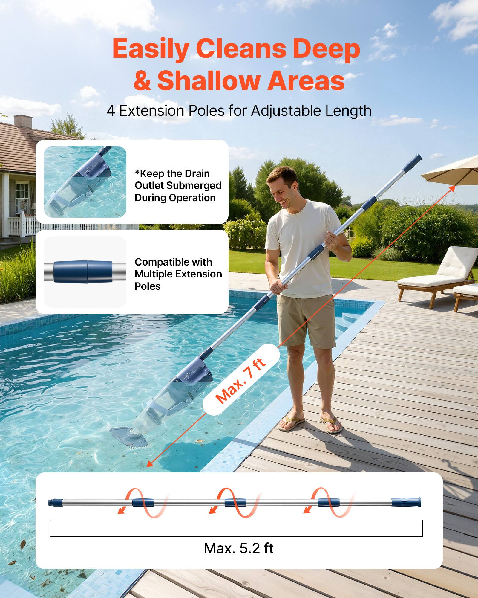 Easily Cleans Deep & Shallow Areas  
4 Extension Poles for Adjustable Length  
*Keep the Drain Outlet Submerged During Operation  
Compatible with Multiple Extension Poles  
Max. 7 ft  
Max. 5.2 ft