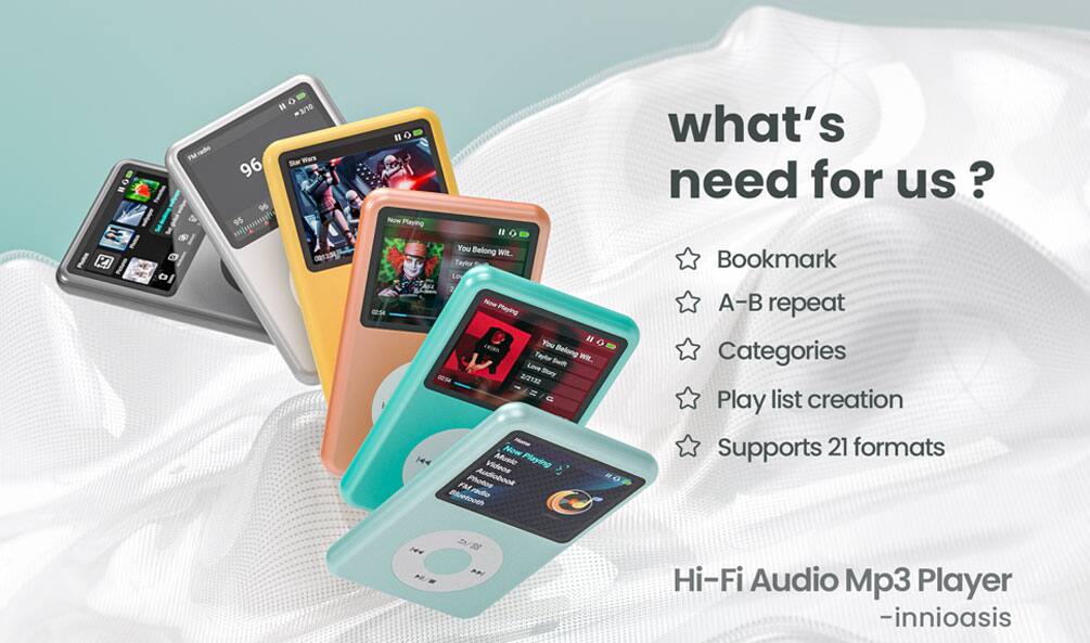 BON
o G 
" -3/10 Wers 96 96 mjpummily 95
on Now Playing 02:54
what's need for us ? " You Belong Wit... Tayloe Bookmark New Playing A-B repeat You Taylor Belong Wit.. Categories Love Swift Story 2/2132 Play list creation Now Supports 21 formats Videos Music Playing FM Photos Audiobook #0 Bluetooth radio
Hi-Fi Audio Mp3 Player -innioasis