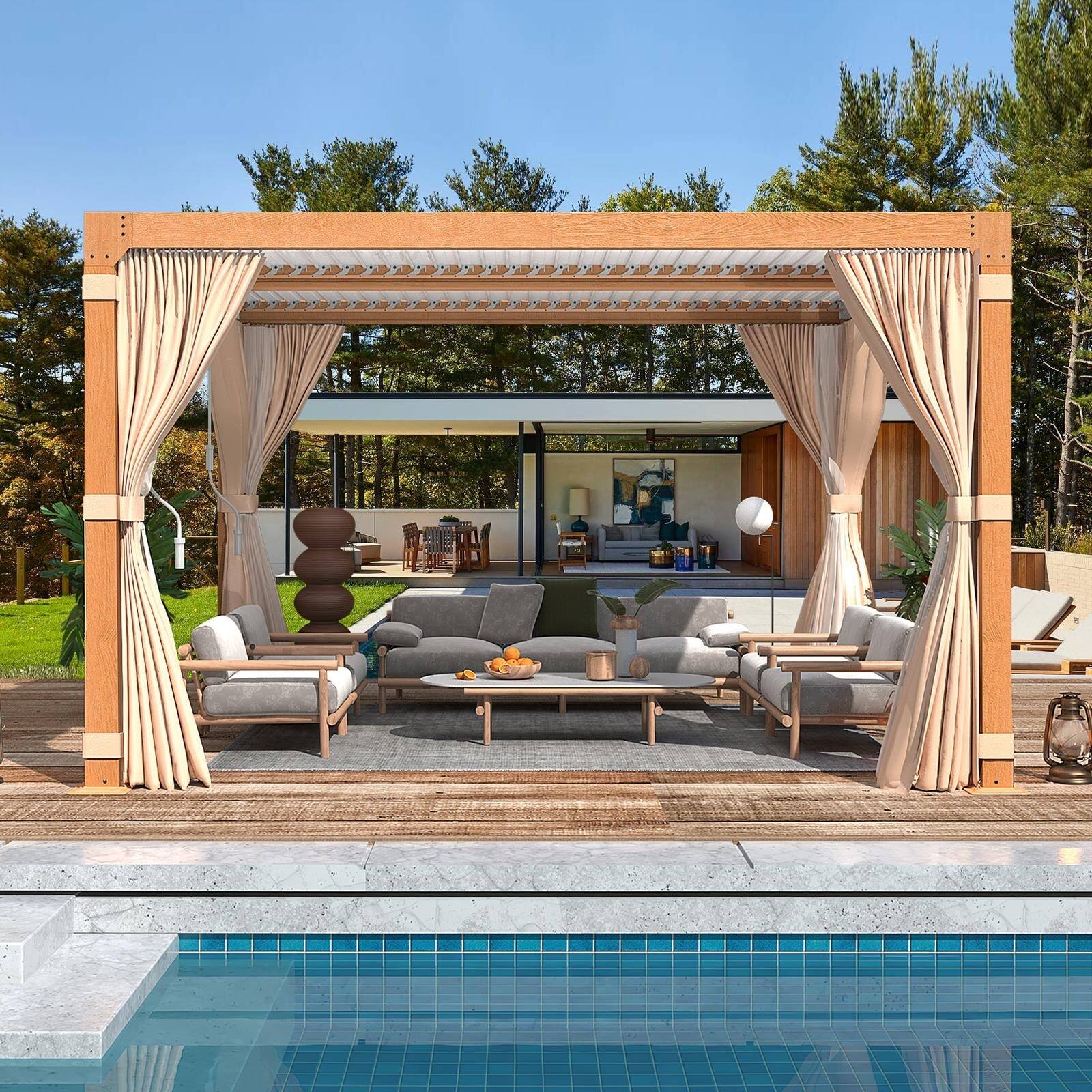 Angle. U-HOMY - Wood Grain Aluminum Louvered Pergola Gazebo with Adjustable Rainproof Roof, Curtains & Netting - 10'x12'.