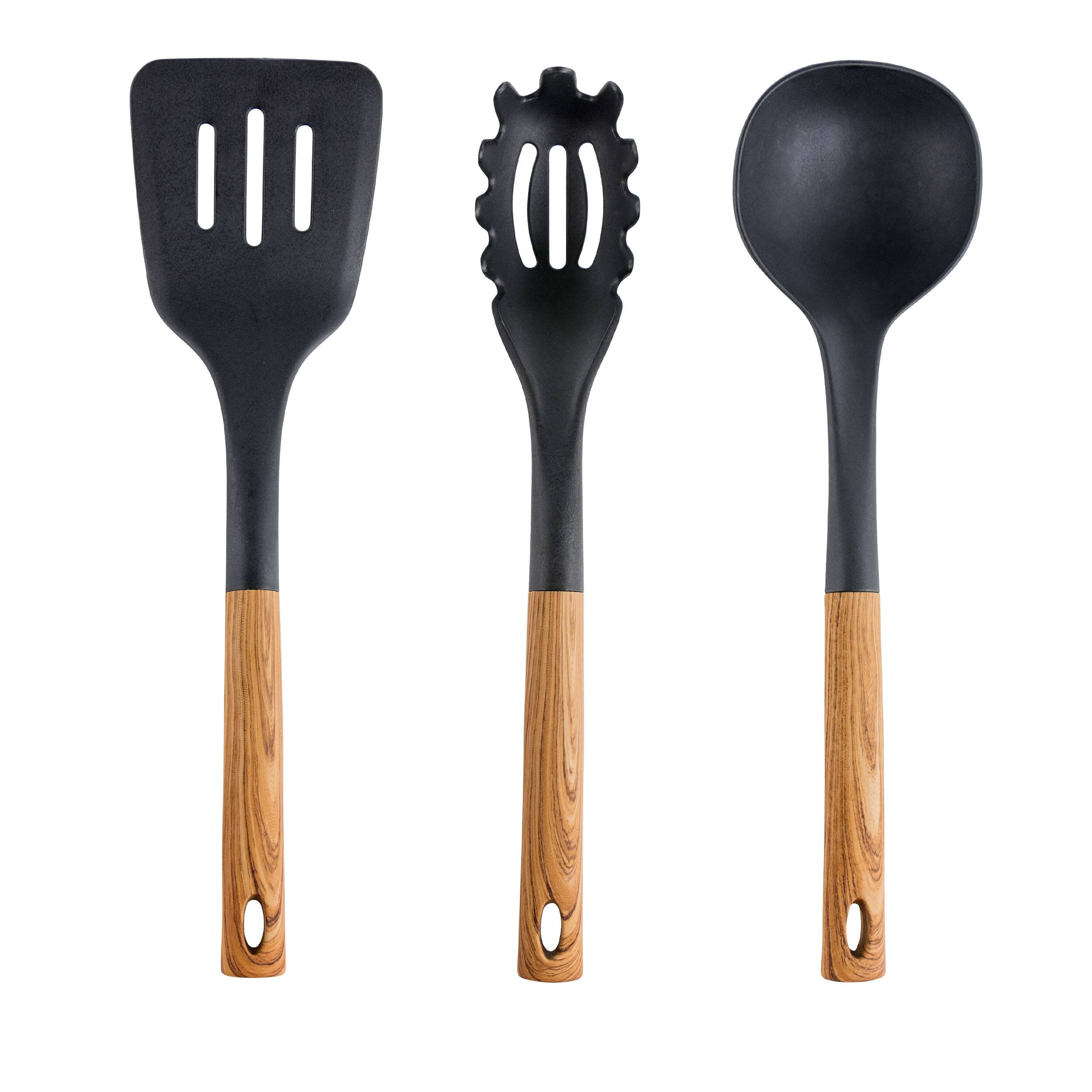 Alt View 1. MegaChef - MegaChef Black Nylon Cooking Utensils with Wood Design, Set of 7 - Black.