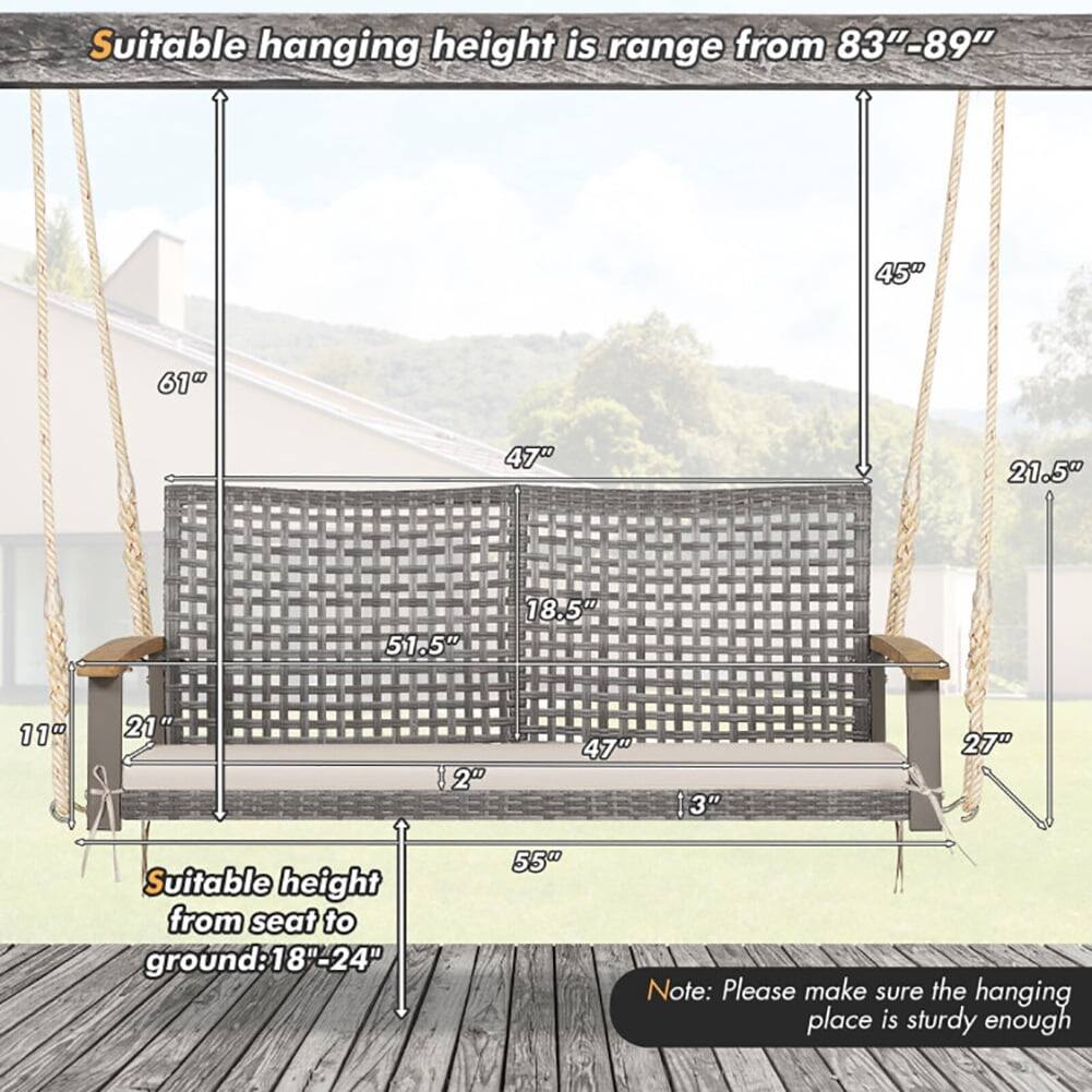 Suitable hanging height is range from 83"-89"

Suitable height from seat to ground: 18"-24"

Note: Please make sure the hanging place is sturdy enough
