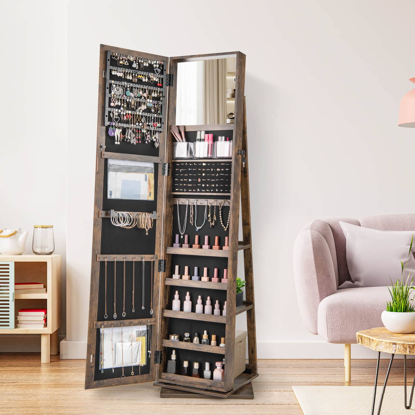 Alt View 1. Costway - Costway 360° Swivel Jewelry Armoire with Full-Length Mirror Rear Shelves Makeup Mirror - Brown.