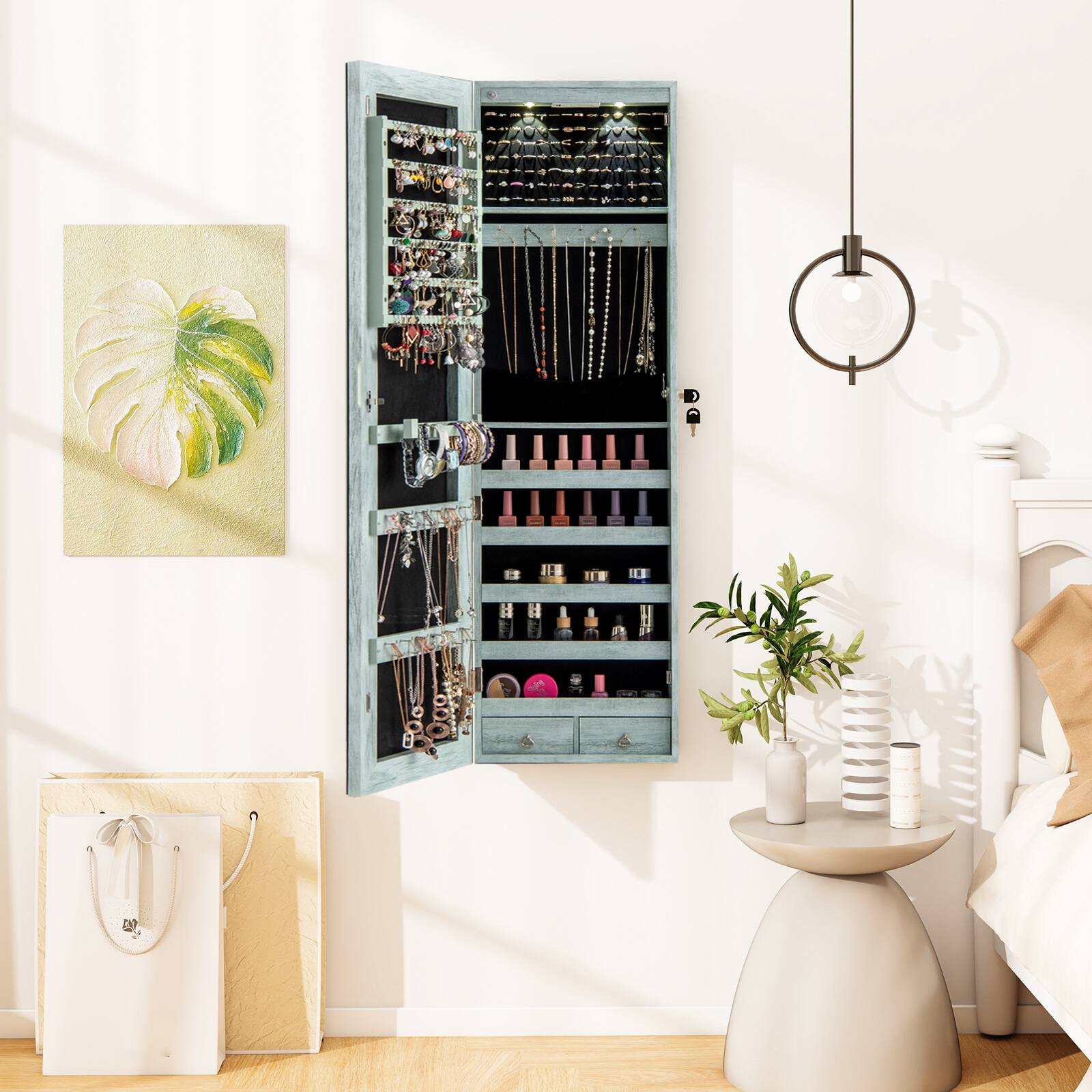 Alt View 1. Costway - Costway Mirrored Wall & Door Mounted Jewelry Cabinet Storage Organizer with  Lights&Drawer - Navy.