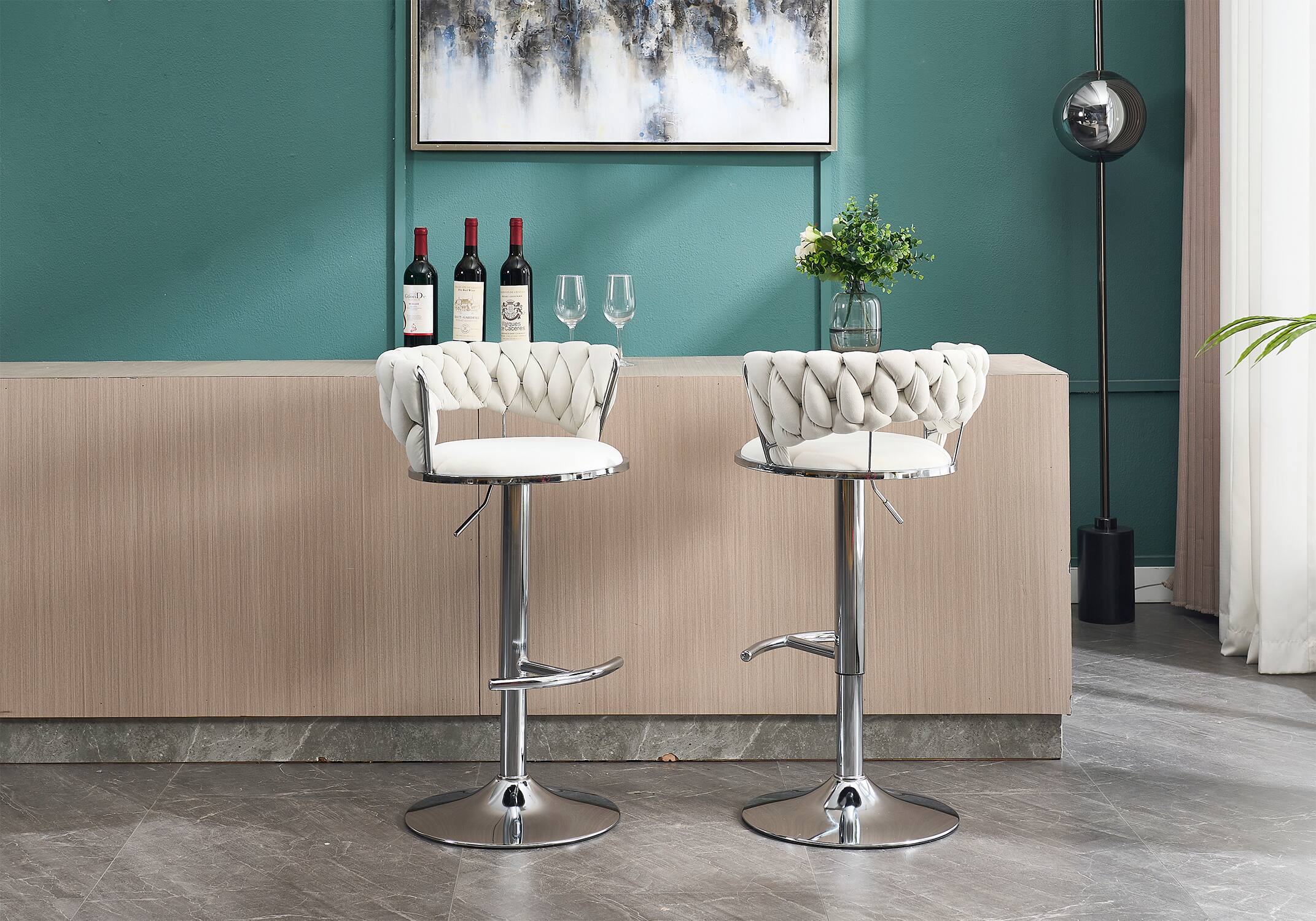 Alt View 1. APRILSOUL - Set of 2 Bar Stools Chrome Footrest Base Swivel Height Adjustable Velvet Chrome Leg CREAM - White.