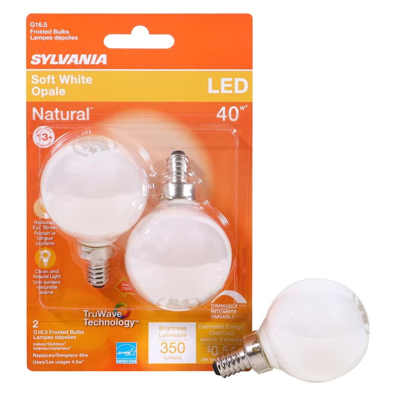 Sylvania - Natural G16.5 E12 (Candelabra) LED Bulb Soft White 40 Watt Equivalence 2 pk
