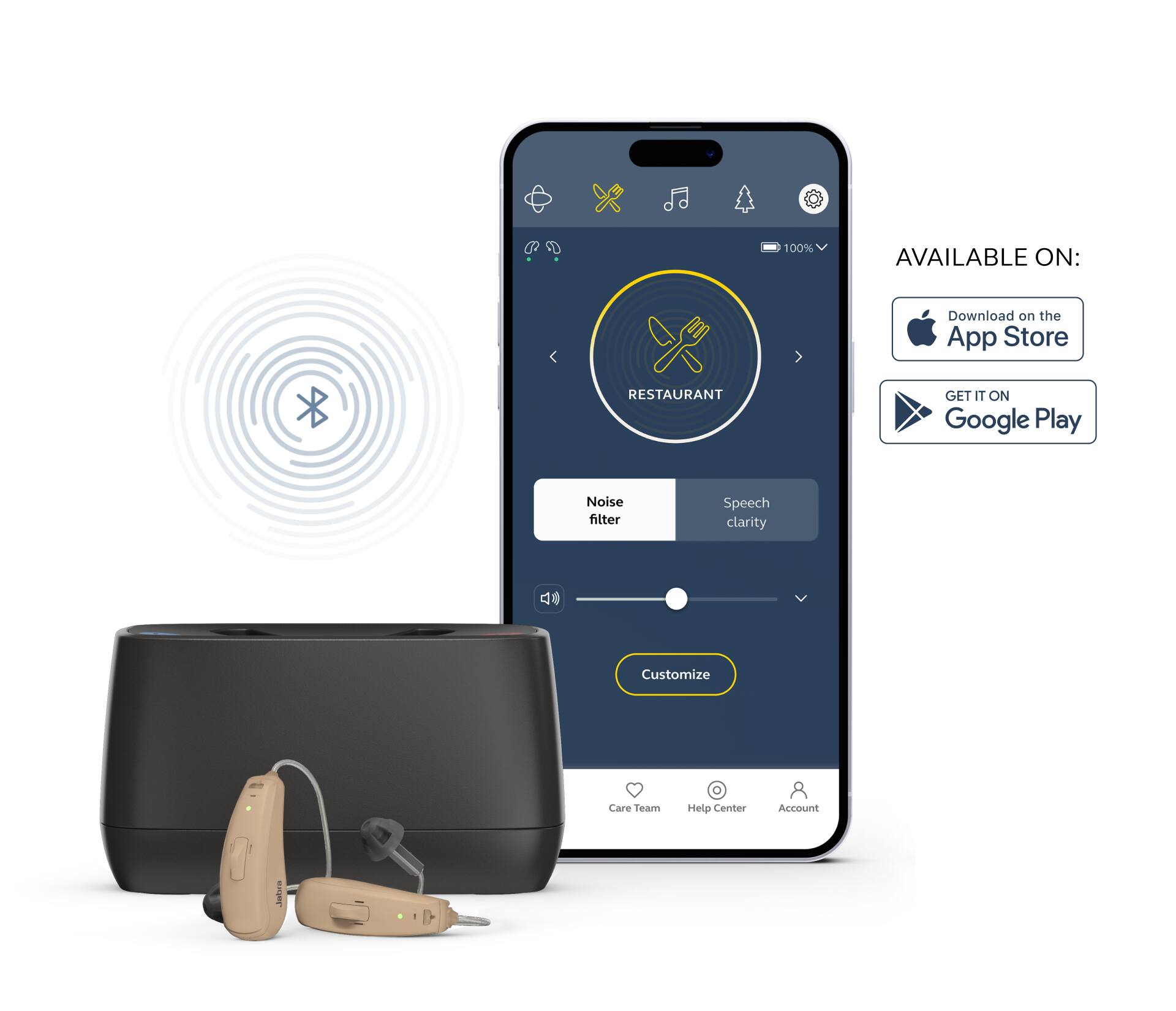 The image features a smartphone with an app displayed on the screen, which is available on both the App Store and Google Play. The app is designed to enhance speech clarity and noise filtering for users, making it easier to communicate in various environments. The app also offers customization options and access to a care team for assistance. The phone is placed next to a hearing aid, emphasizing the app's potential benefits for individuals with hearing difficulties.
