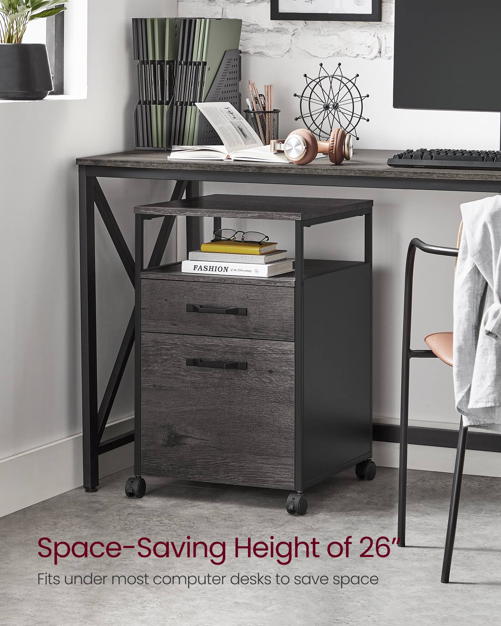 Space-Saving Height of 26"  
Fits under most computer desks to save space