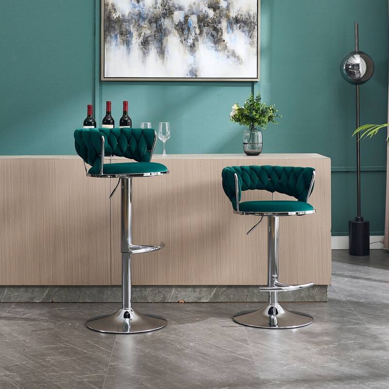Alt View 1. HTUTWOO - Velvet Bar Stools Set of 2, Counter Heigh with Low Back,Adjustable Height Barstools, 360° Swivel for Kitchen Island, Pub - Green.