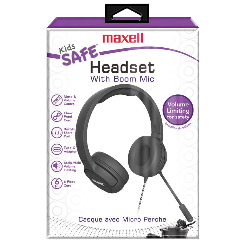 Maxell Kids SAFE Headset With Boom Mic  
- Mute & Volume Control  
- Chew Proof Cord  
- Built-In Share Port  
- Type-C Adapter  
- 85dB-95dB Volume Limiting  
- 6 FT Cord  
- Volume Limiting for safety  
- Casque avec Micro Perche