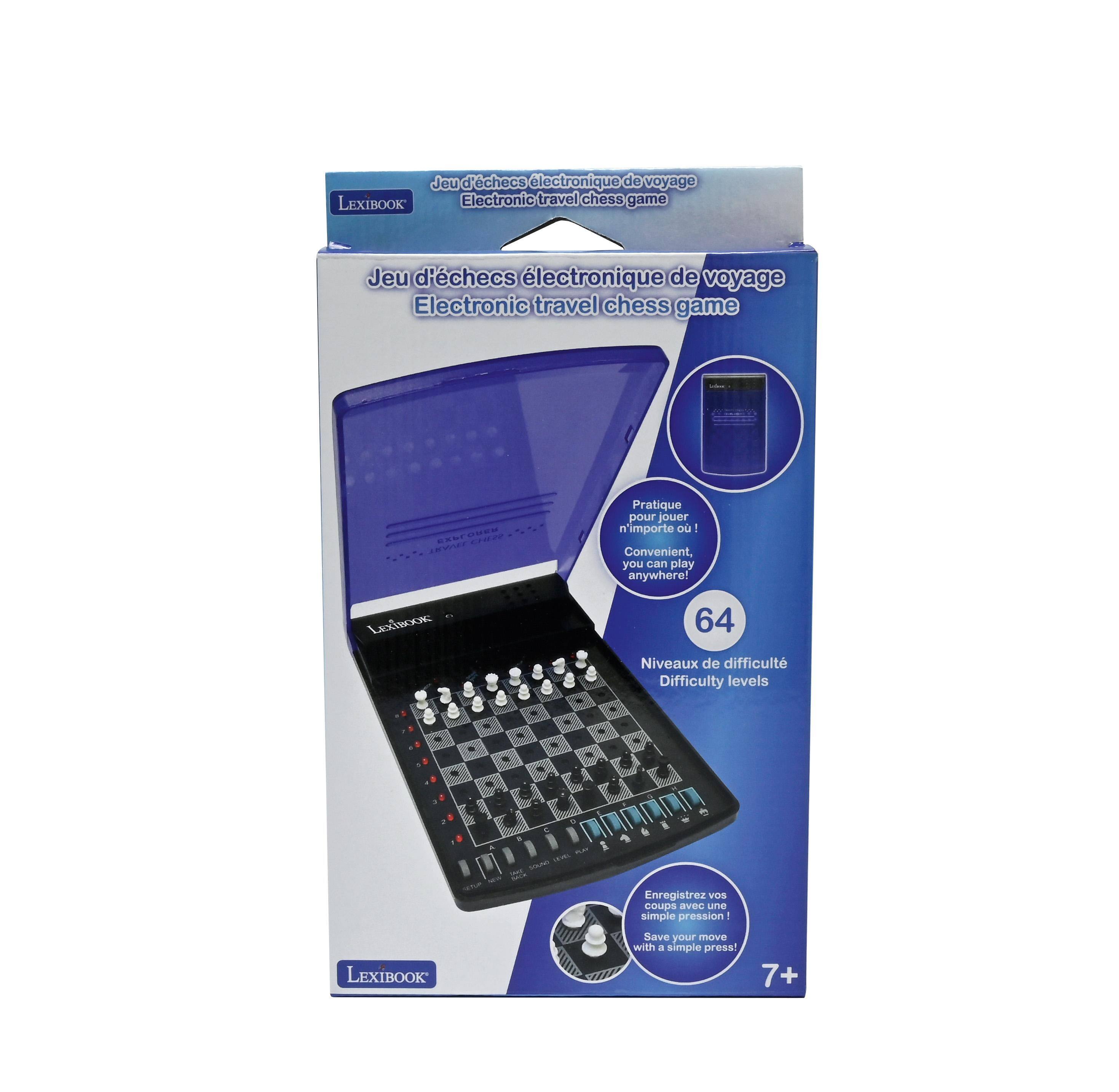 Jeu d'échecs électronique de voyage LEXIBOOK Electronic travel chess game  
Pratique pour jouer n'importe où! Convenient, you can play anywhere!  
64 Niveaux de difficulté Difficulty levels  
Enregistrez vos coups avec une simple pression! Save your moves with a simple press!  
7+