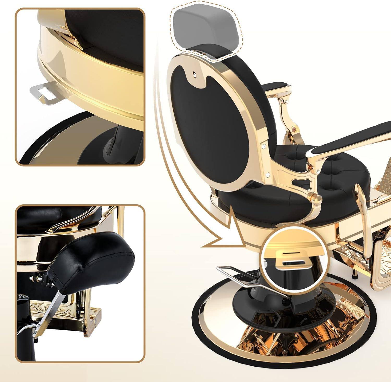 Alt View 2. Winado - Vintage Heavy Duty Recline Barber Chair Salon Beauty All Purpose Equipment with Towel Rack, Removable Headrest, Footrest - Black & Gold.