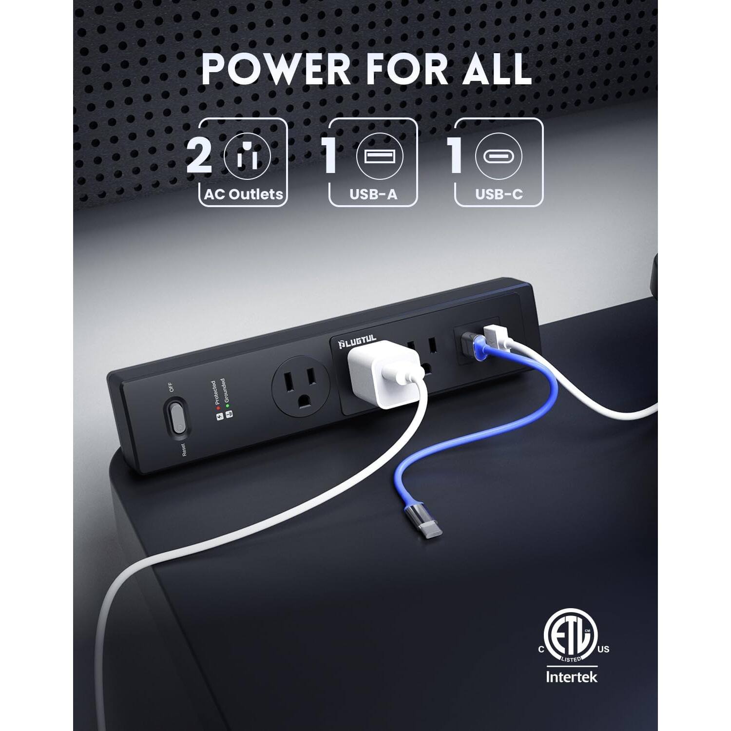 POWER FOR ALL

2 AC Outlets  
1 USB-A  
1 USB-C  

FLUSTUL  
OFF  
Probeshed Grounded  
B Resal  

ETL US  
C LISTED  
Intertek
