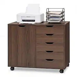 Costway - 5 Drawer Storage Cabinet on Wheels with Door and Adjustable Shelf for Home Office - Brown