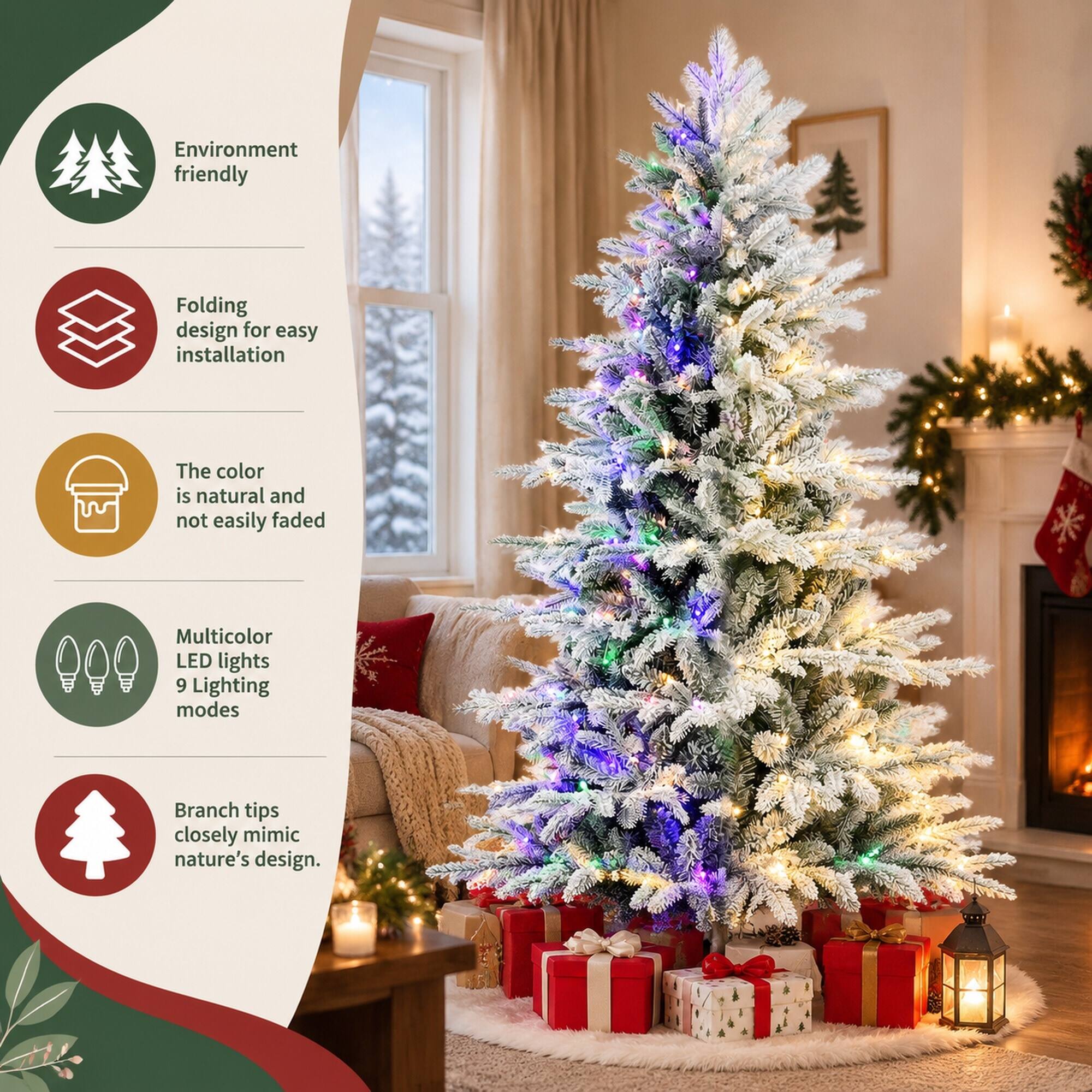 Environment friendly  
Folding design for easy installation  
The color is natural and not easily faded  
Multicolor LED lights 9 Lighting modes  
Branch tips closely mimic nature's design.