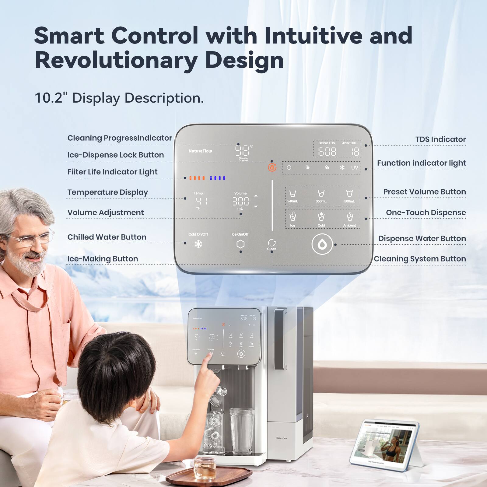 Smart Control with Intuitive and Revolutionary Design  
10.2" Display Description.  

- Cleaning Progress Indicator  
- Ice-Dispense Lock Button  
- Filter Life Indicator Light  
- Temperature Display  
- Volume Adjustment  
- Chilled Water Button  
- Ice-Making Button  
- TDS Indicator  
- Function Indicator Light  
- Preset Volume Button  
- One-Touch Dispense  
- Dispense Water Button  
- Cleaning System Button