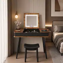 WELLFOR - Flip‑Top Makeup Vanity Table Set with 3‑Color LED Lighted Mirror, USB Charging Port and PU Padded Stool for Bedroom - Brown