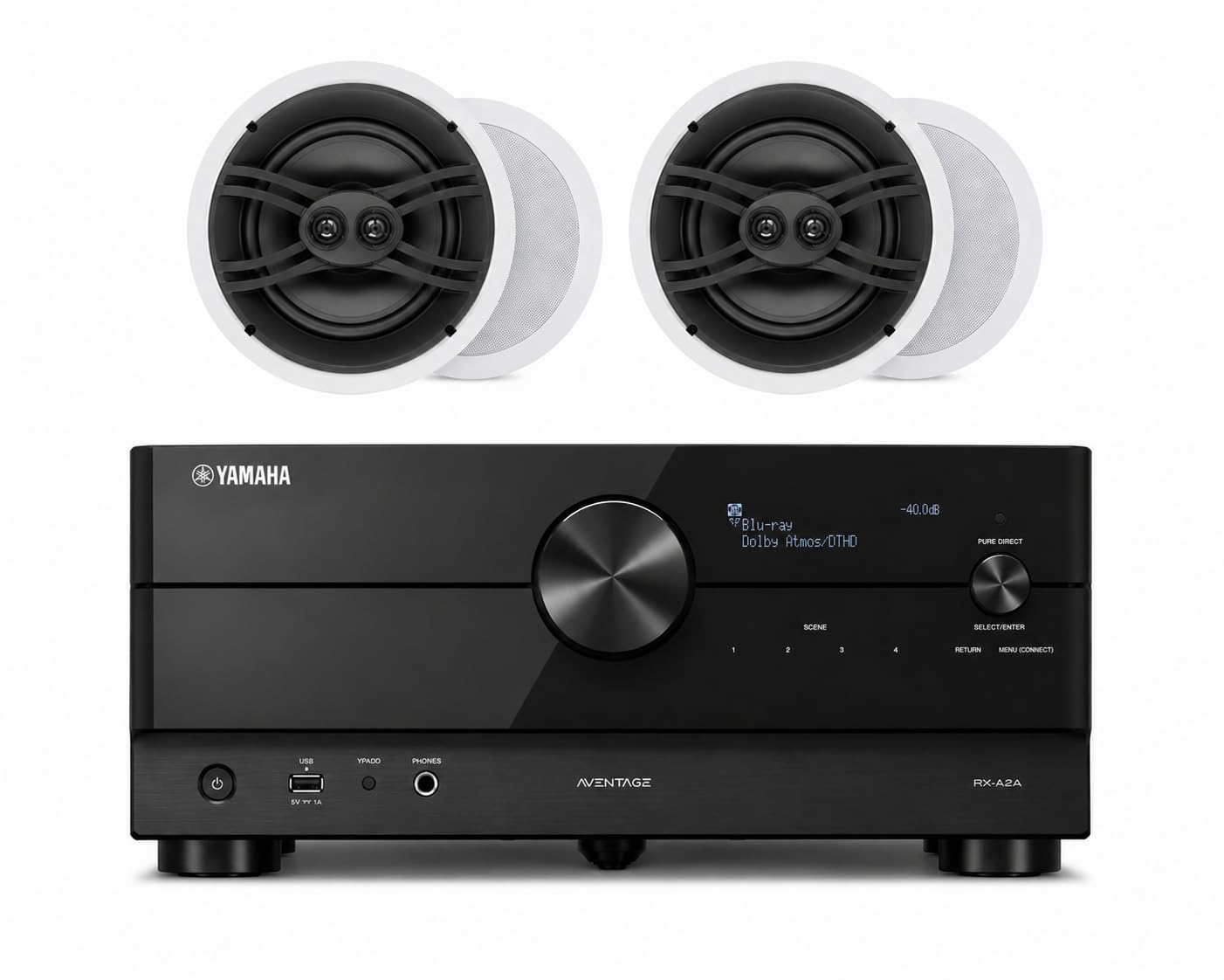 YAMAHA AVENAGE RX-AZA  
Blu-ray Dolby Atmos/DTHD  
-40.0dB  
SCENE SELECT/ENTER  
1: DIMECT  
SCENE  
2 3 4  
RETURN  
MENU CONNECT  
USB  
YPAD  
PHONES