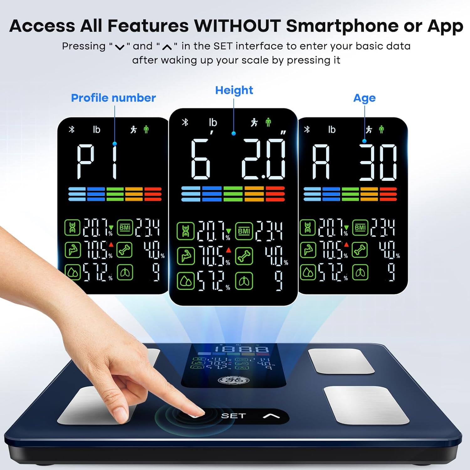 Access all features without smartphone or app. Pressing the button and entering your basic data after waking up your scale by pressing it. Profile number, height, age, weight, BMI, and other information can be entered. The image shows a person's hand pressing a button on a scale, which is a part of the SET interface. The scale is designed to help users keep track of their health and fitness goals.