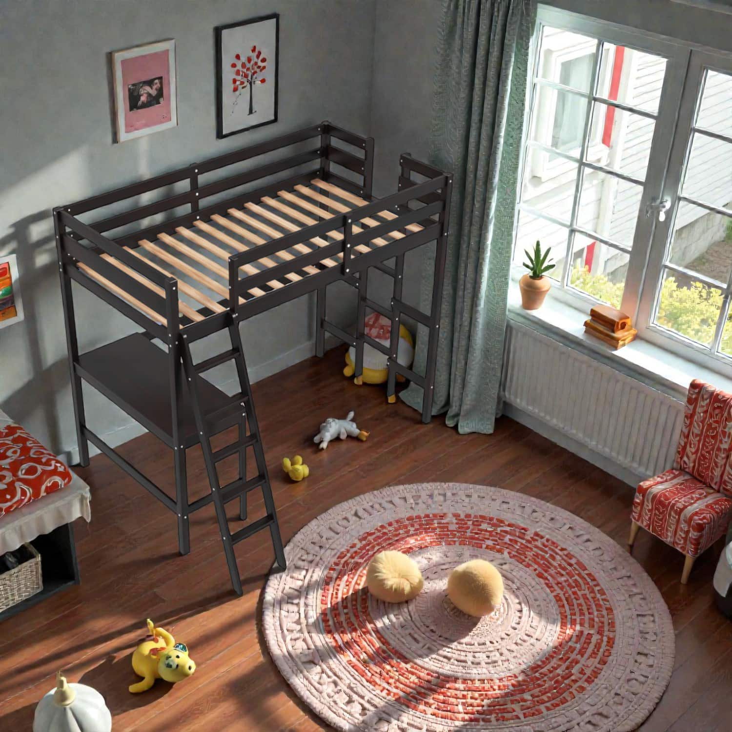 Hivvago - Space-Saving Twin Loft Bed Frame with Workstation and Ladder - Dark Brown