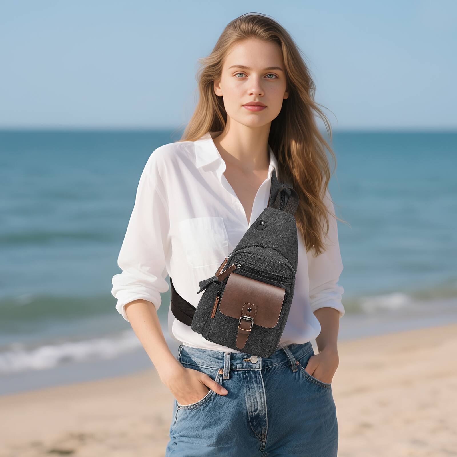 Alt View 1. Unique Bargains - Canvas Sling Bag Crossbody Backpack Vintage Shoulder Bag W/Leather Accents for Outdoor Cycling Hiking Travel - Black.