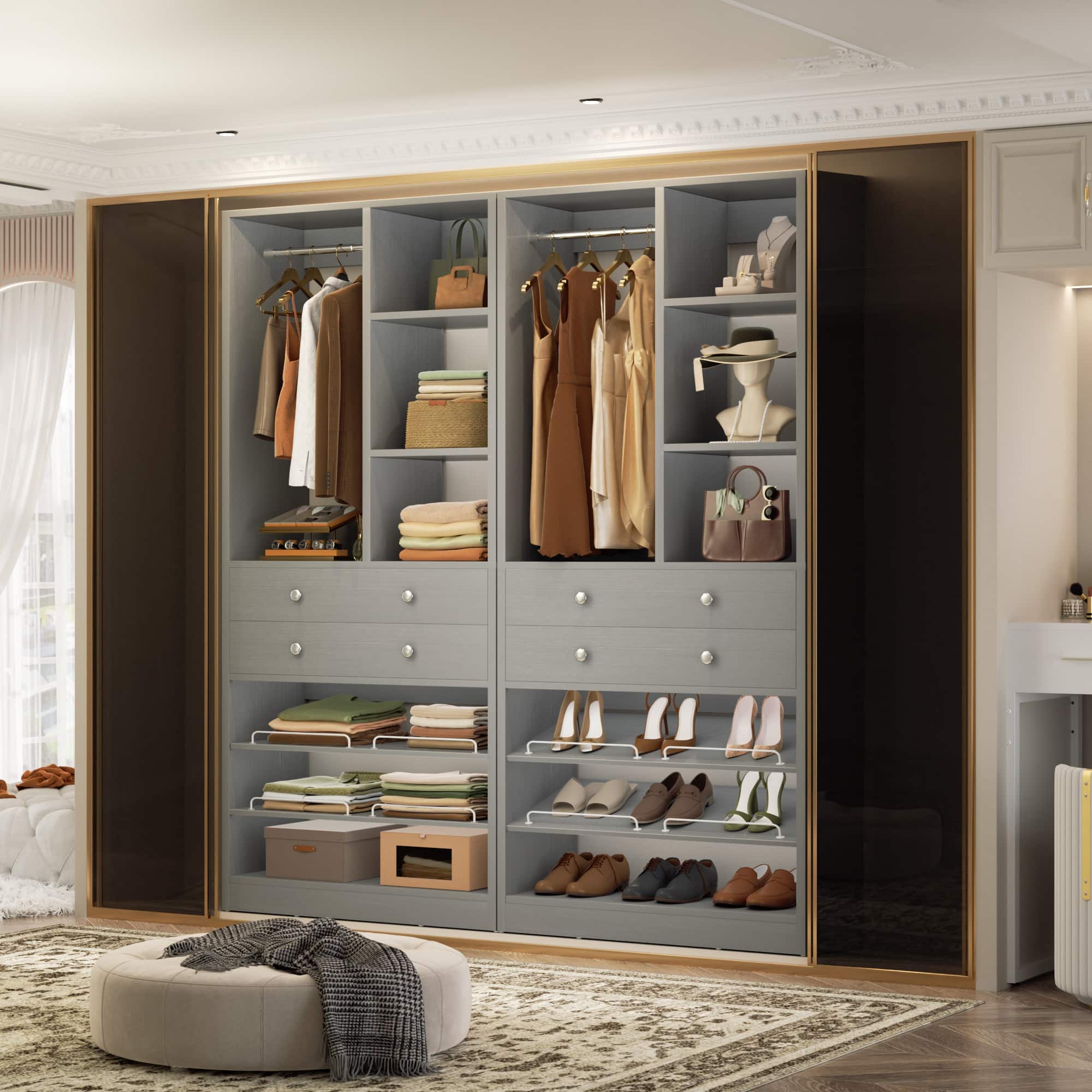 Aheaplus - 55.5" Closet Organizer System (2-Pack) – Free-Standing, 1200+ LBS, Drawers & Shelves for Small Walk-In Closets - Gray