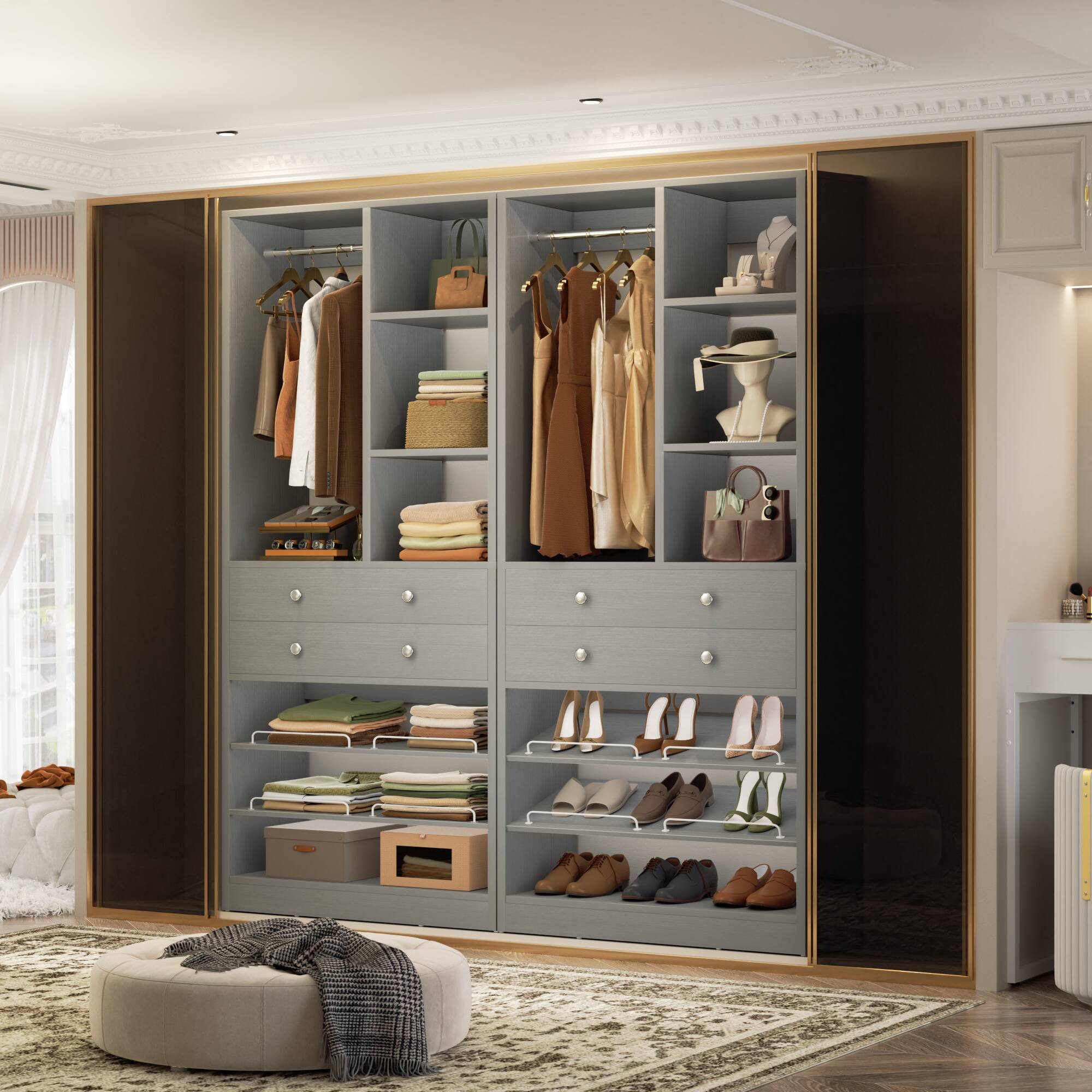 Aheaplus - 55.5" Closet Organizer System (2-Pack) – Free-Standing, 1200+ LBS, Drawers & Shelves for Small Walk-In Closets - Gray