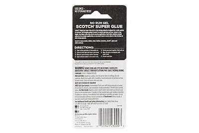 **NO RUN GEL SCOTCH SUPER GLUE**

**DIRECTIONS:**
1. Shake well before using.
2. Apply a small amount to one surface.
3. Join the surfaces together and hold firmly for a few seconds.
4. Allow to dry completely before handling.

**WARNING:**
- BONDING IS PERMANENT. CAPSULES FOR REUSE.
- CAUTION: CONTACT WITH EYES OR SKIN CAN CAUSE IRRITATION. MAY CAUSE SKIN ALLERGY.
- KEEP OUT OF REACH OF CHILDREN.

**PRECAUTIONS:**
- Use in a well-ventilated area.
- Avoid contact with skin and eyes.
- If contact occurs, wash with soap and water.
- If irritation develops, discontinue use and consult a physician.

**KEEP OUT OF REACH OF CHILDREN.**

**FOR ADDITIONAL SAFETY INFORMATION, SEE LABEL ON BACK.**

**MADE IN USA**

**LOT NUMBER: 51161**
**DATE CODE: 23099**

**0 51141 23099**