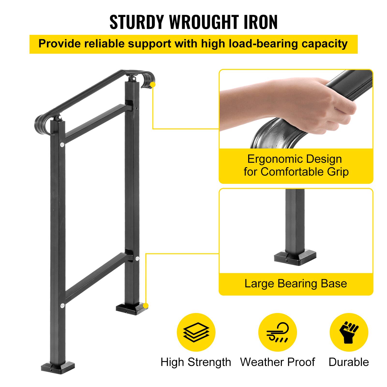 STURDY WROUGHT IRON
Provide reliable support with high load-bearing capacity
Ergonomic Design for Comfortable Grip
Large Bearing Base
High Strength
Weather Proof
Durable