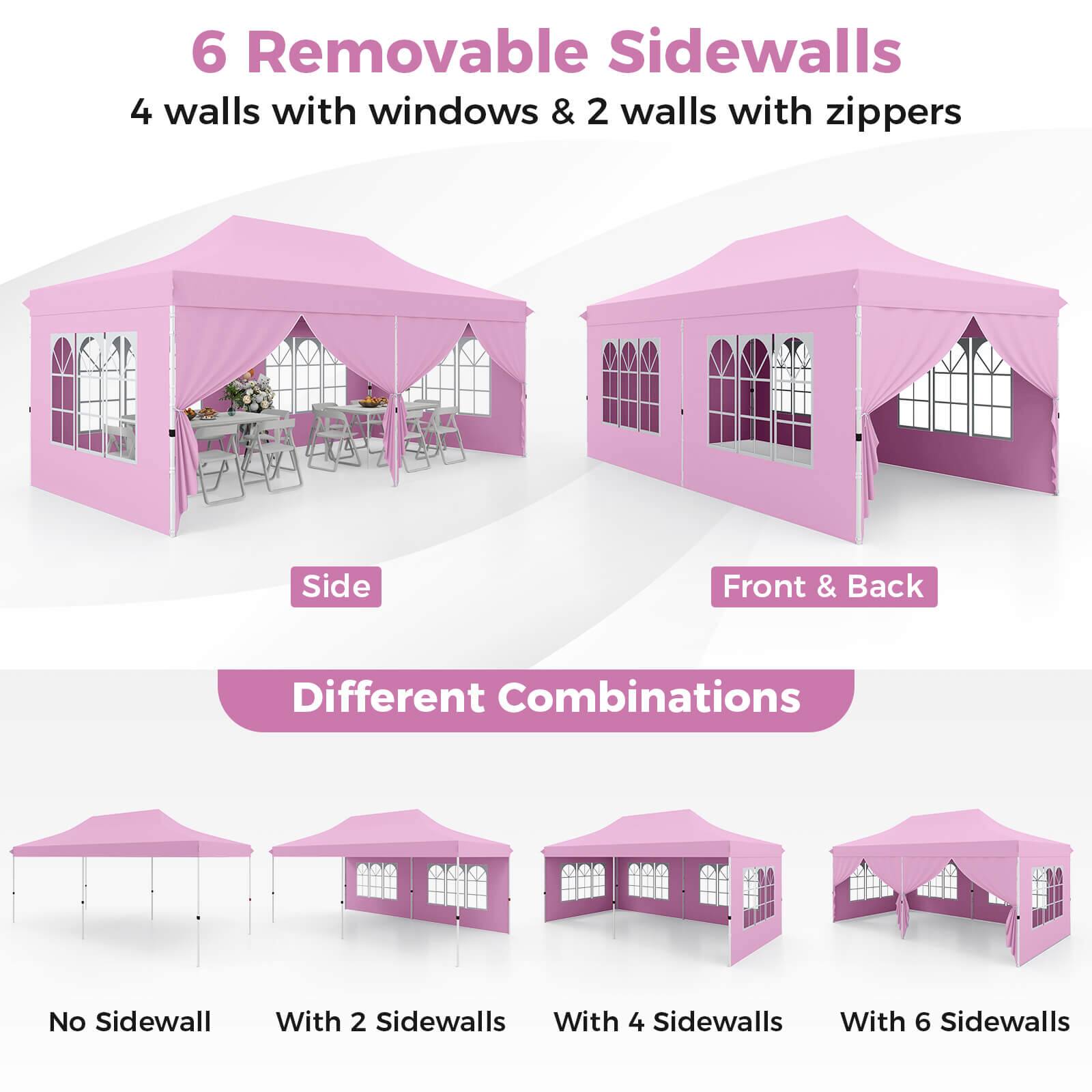 6 Removable Sidewalls  
4 walls with windows & 2 walls with zippers  

Side  
Front & Back  

Different Combinations  

No Sidewall  
With 2 Sidewalls  
With 4 Sidewalls  
With 6 Sidewalls