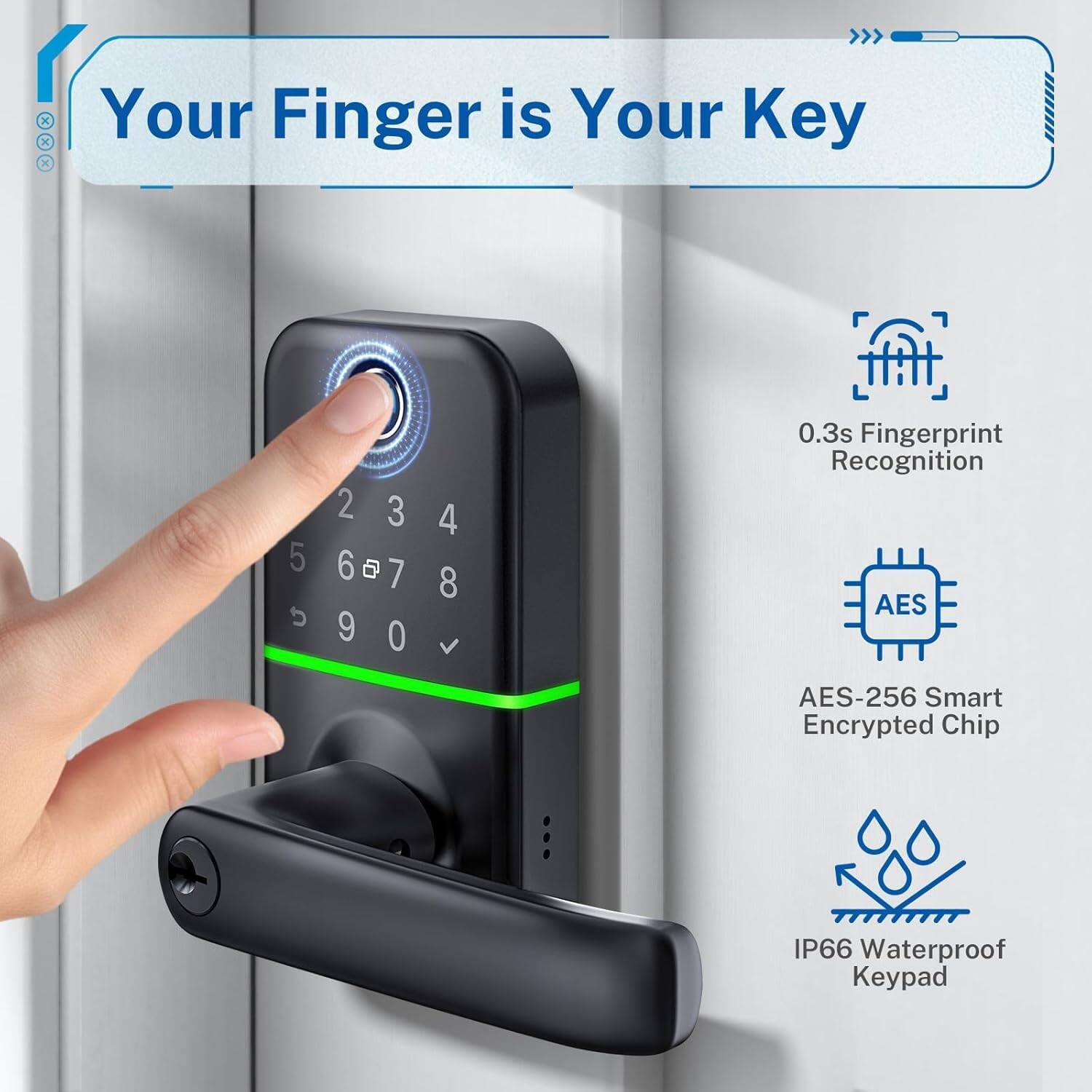 Your Finger is Your Key

0.3s Fingerprint Recognition

AES-256 Smart Encrypted Chip

IP66 Waterproof Keypad