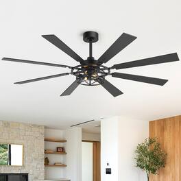 Breezary - 65-Inch Traditional Ceiling Fan with Dual Bulb Light Kit, 8 Reversible Blades, DC Motor, 6 Speeds, Remote & Timer - Black and Walnut