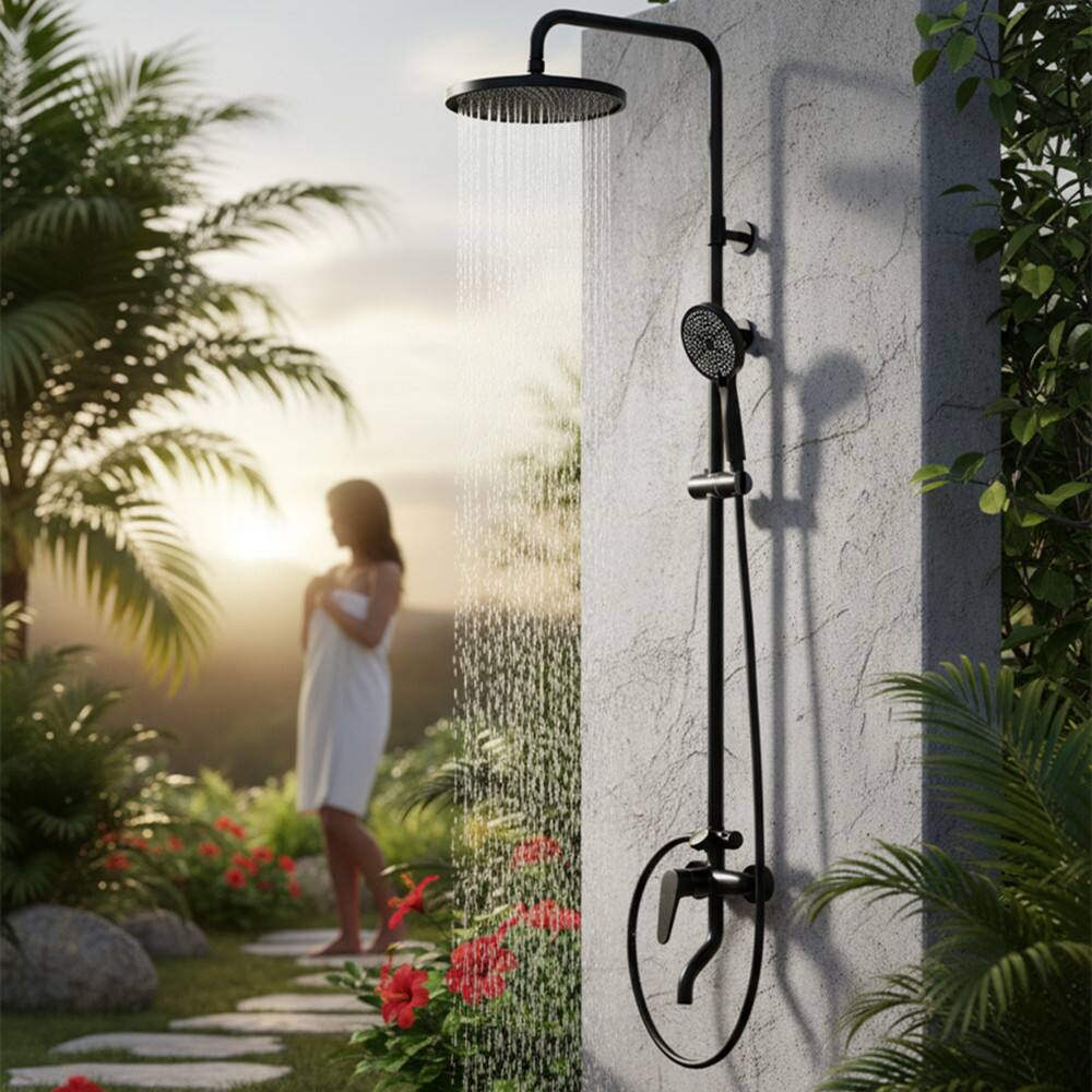 Alt View 1. Dazzed Corner - Wall Mount 3-Function Outdoor Shower Fixture with Thermometer and Brass Valve - Matte Black.