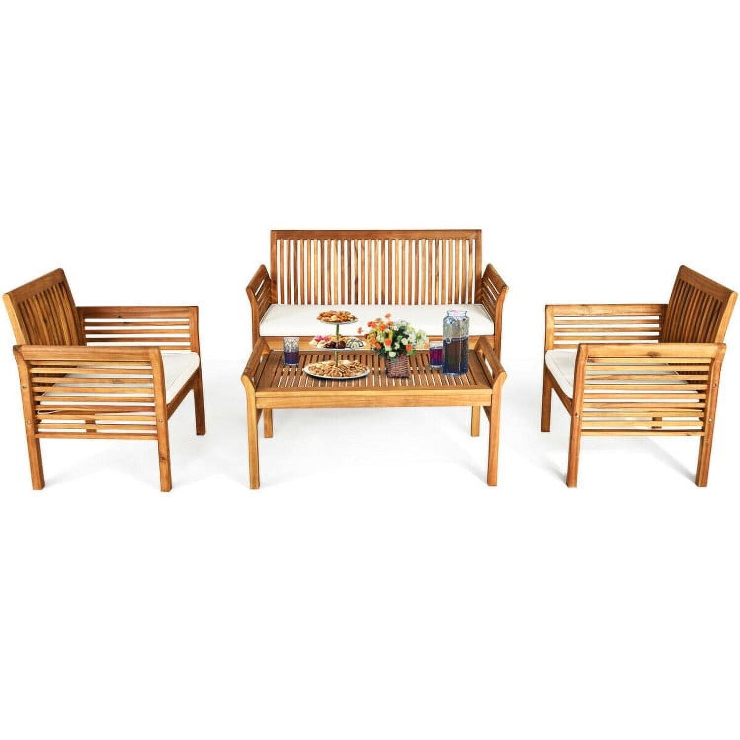 Back. Kadyn - Outdoor 4 Piece Acacia Wood Sofa Furniture Set withTable, Beige - Brown.