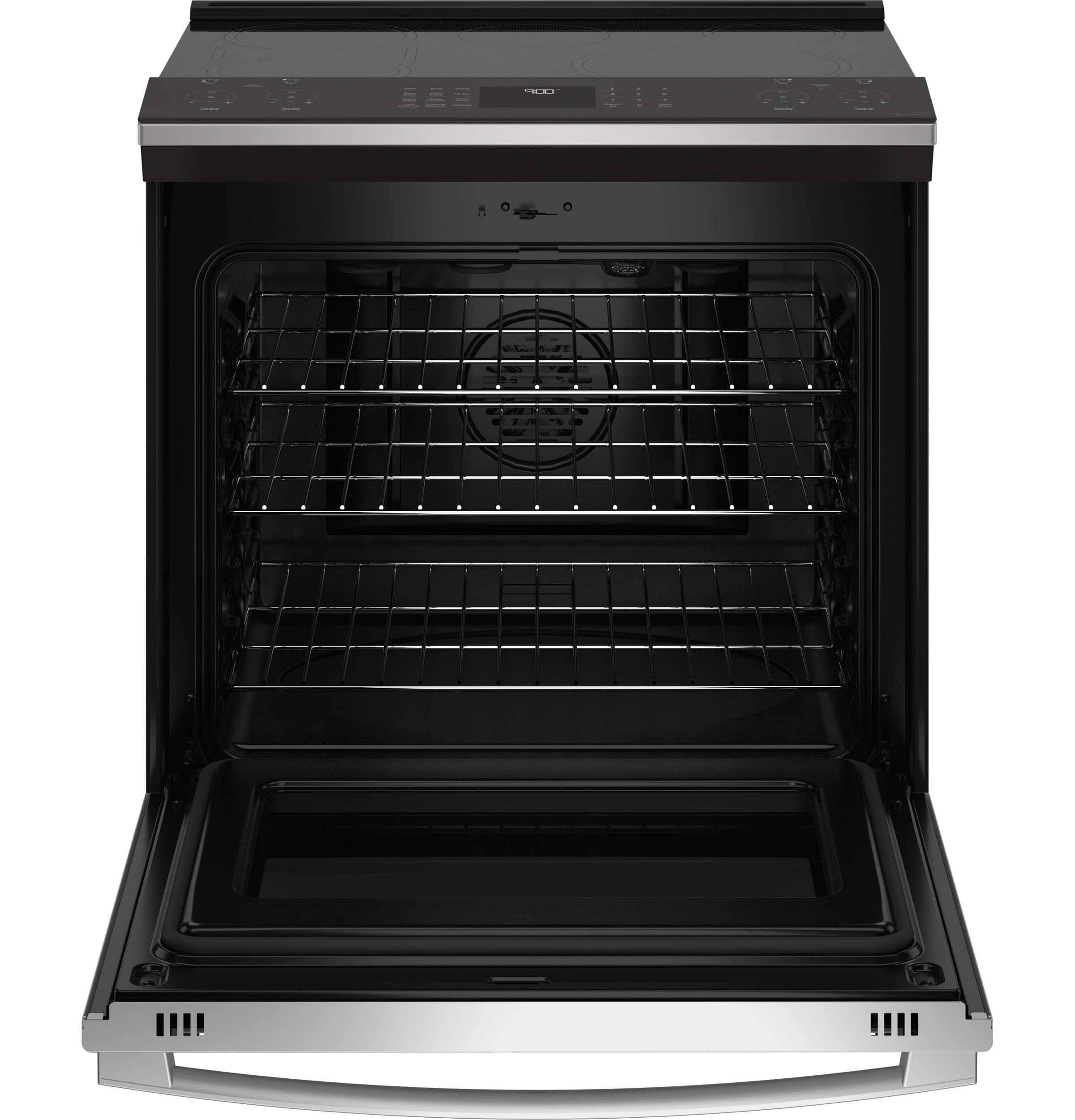 The oven is black and has a silver handle. It is empty and ready to be used.