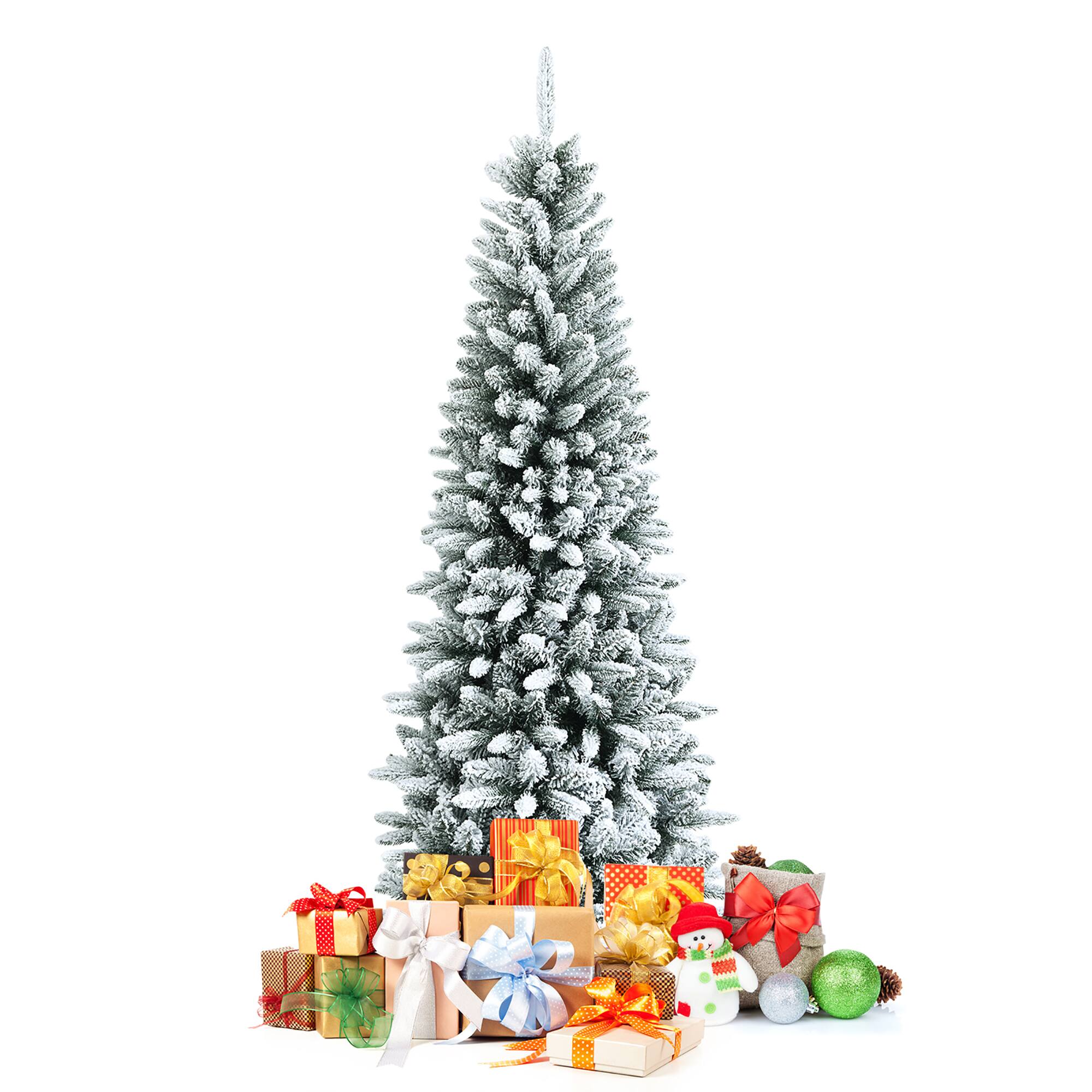 Alt View 21. Costway - 6.5ft Snow-Flocked Hinged Artificial Christmas Pencil Tree w/ 829 Mixed Tips - Green/White.