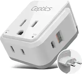 Ceptics - Europe Plug Adapter, Type C – 20W PD & QC, Dual USB & USB-C, 2 USA Outlets – Compact & Reliable - White