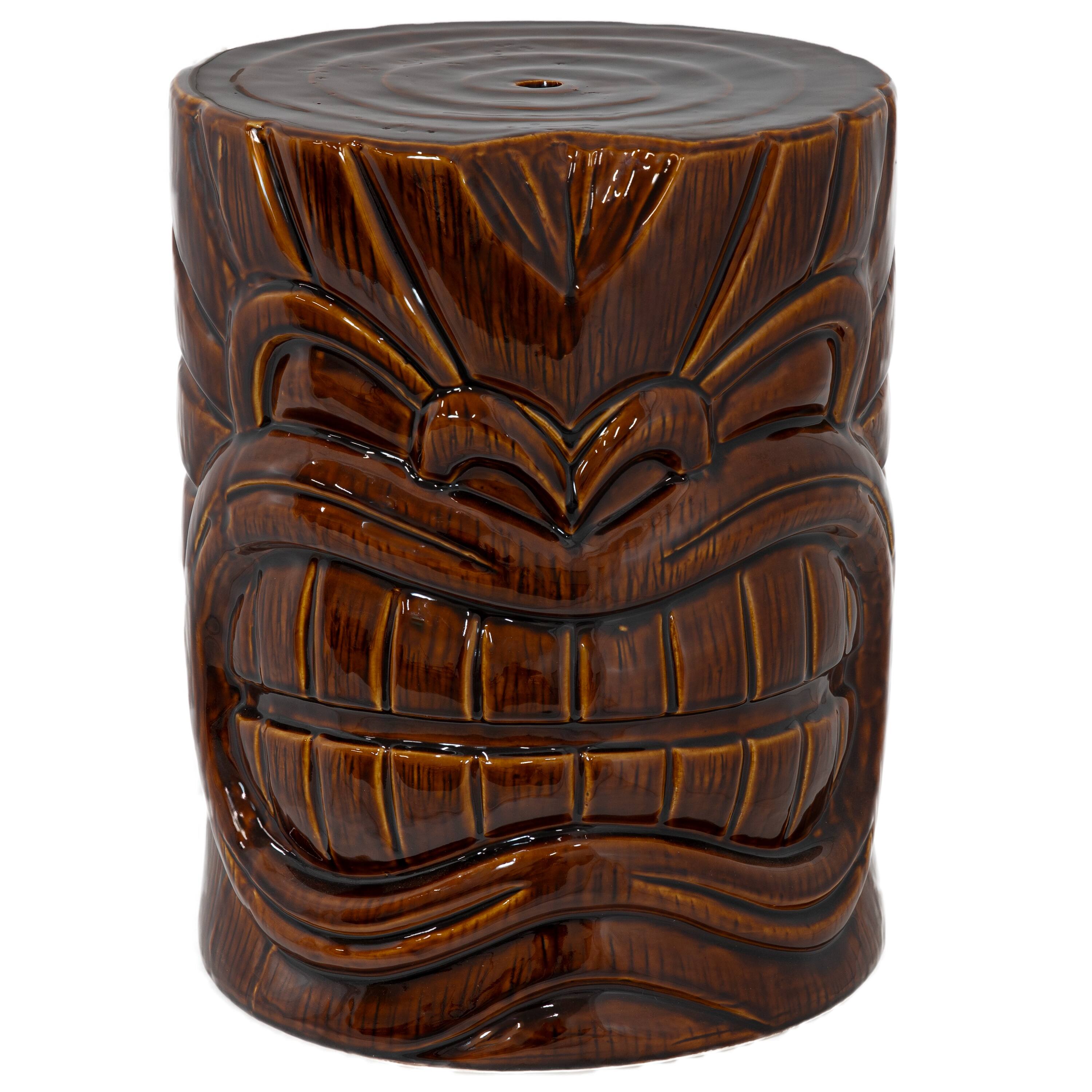 Alt View 7. Sunnydaze - Wood-Look Tiki Head Ceramic Garden Stool - 17” - Brown.