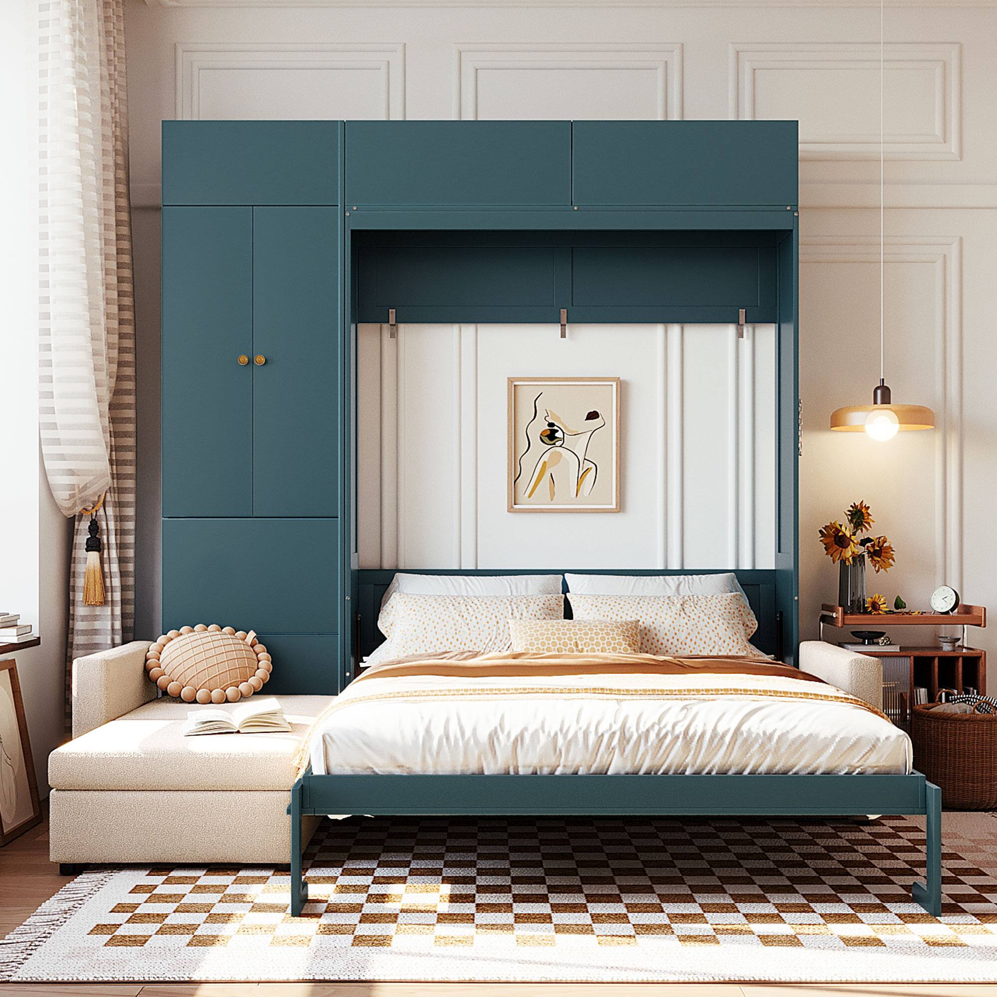 Angle. Anysun - Queen Size Murphy Bed Wall Bed with Sofa and Shelves,Green Panel - Beige.