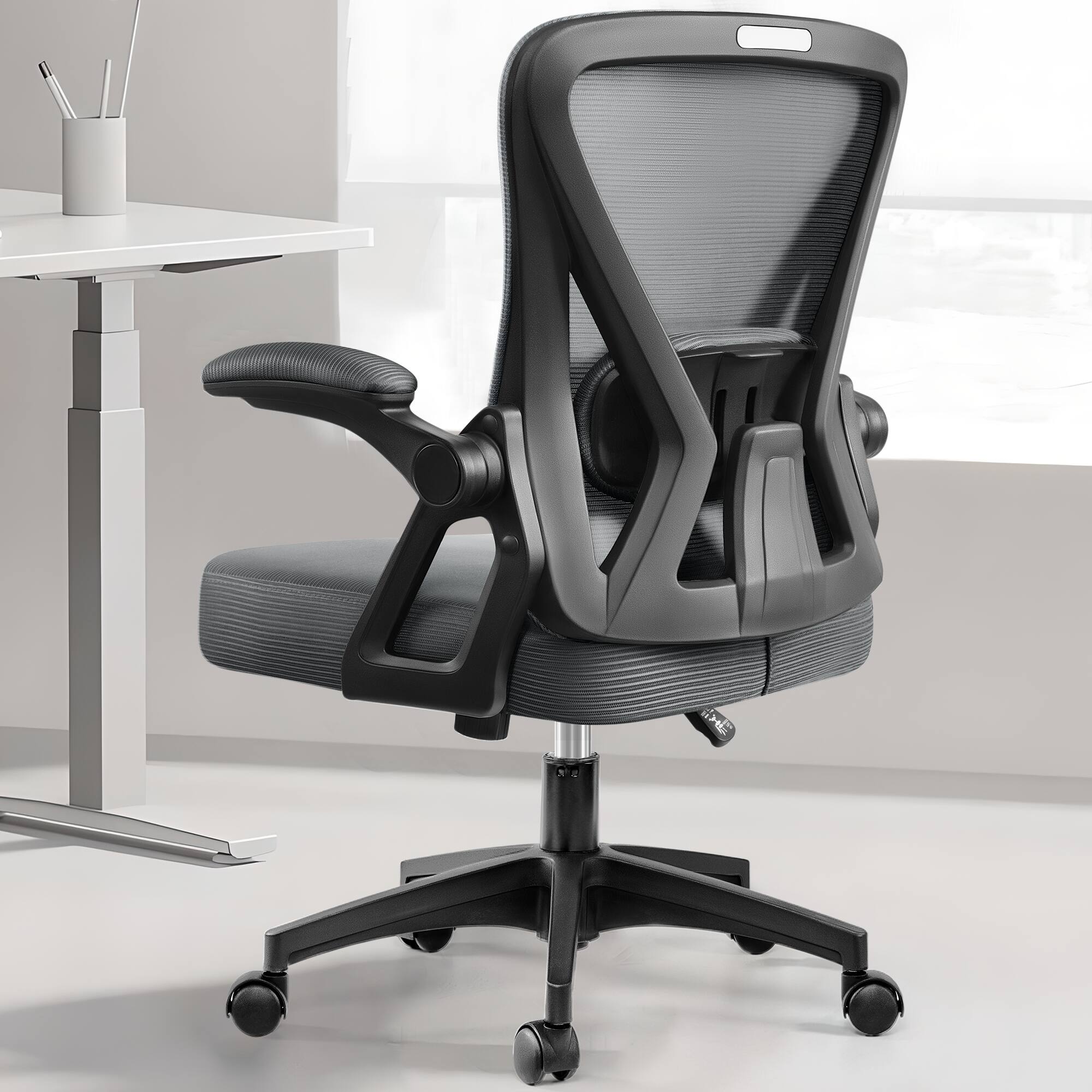 Alt View 4. KERDOM - Mid Back Ergonomic Office Chair with Adjustable Lumbar Support, Flip-up Arms, Rolling Swivel Task Chair Breathable Mesh - Dark Grey.
