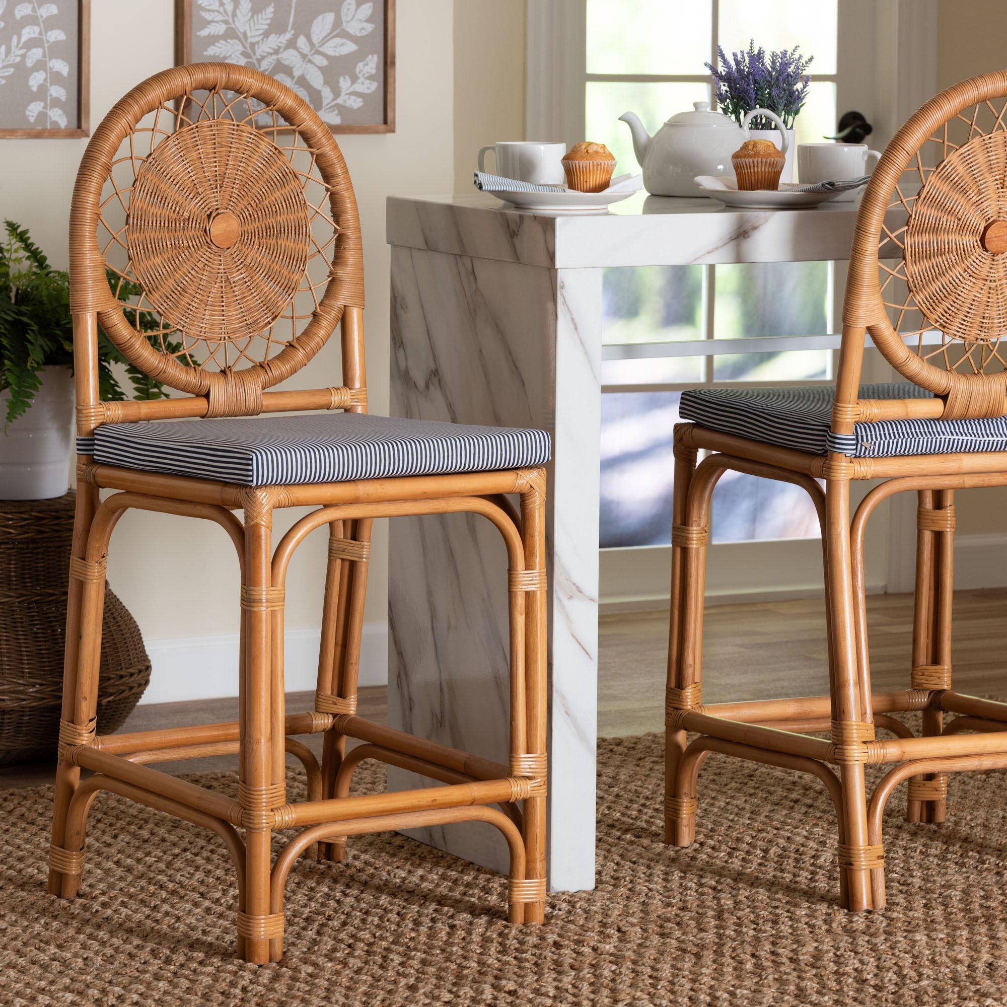 Alt View 4. bali & pari - Oberon Natural Rattan Counter Stool with Cushion - Handwoven Wicker Kitchen Island Seating with Sunburst Backrest - Light Honey.