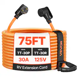 VEVOR - 30 Amp 75 Feet RV Extension Cord, 125V 2500W, Heavy Duty 10/3 Gauge STW RV Power Cord, NEMA TT-30P to NEMA TT-30R - Orange;Black