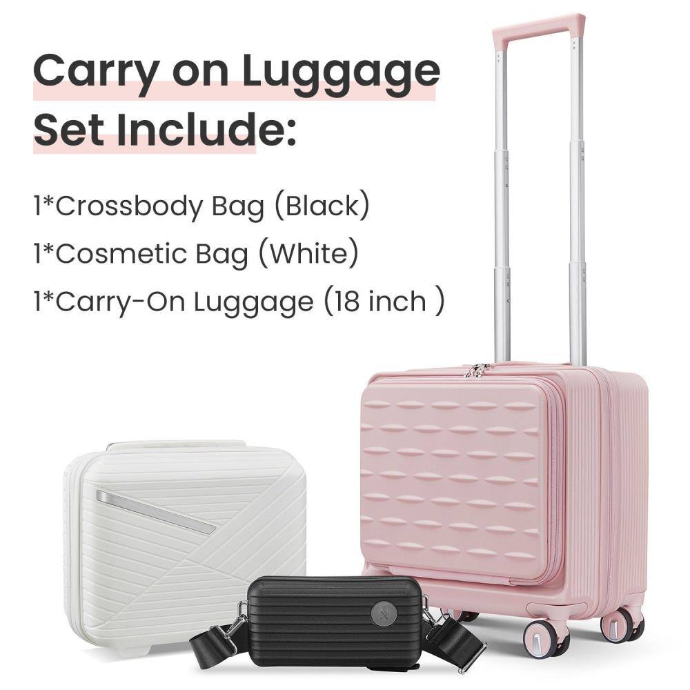 Carry on Luggage Set Include:

1*Crossbody Bag (Black)  
1*Cosmetic Bag (White)  
1*Carry-On Luggage (18 inch)