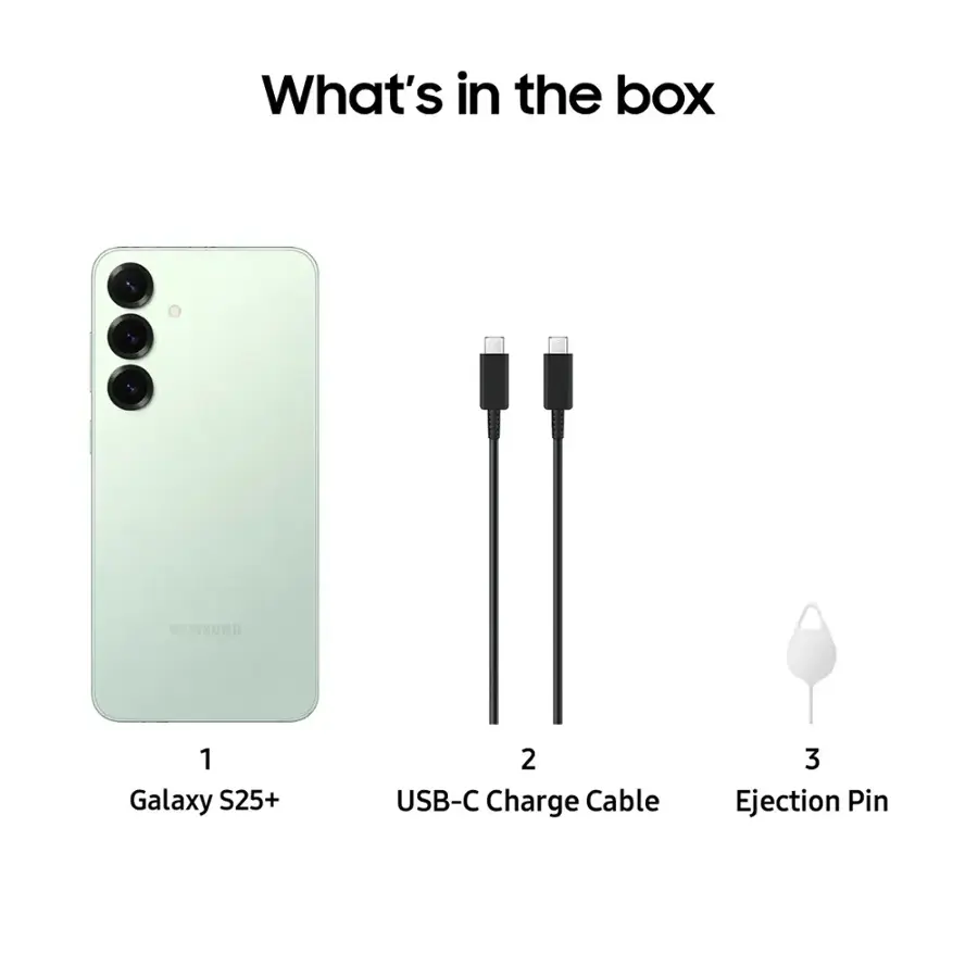 What's in the box: Samsung Galaxy S25+, 2 USB-C Charge Cable, 3 Ejection Pin