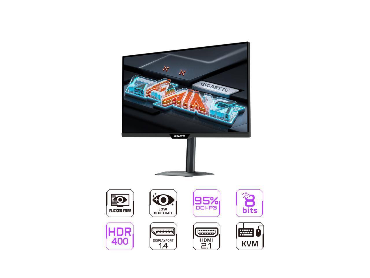 GIGABYTE AORUS GIGABYTE FLICKER FREE LOW BLUE LIGHT 95% DCI-P3 8 bits HDR 400 DISPLAYPORT 1.4 HDMI 2.1 KVM