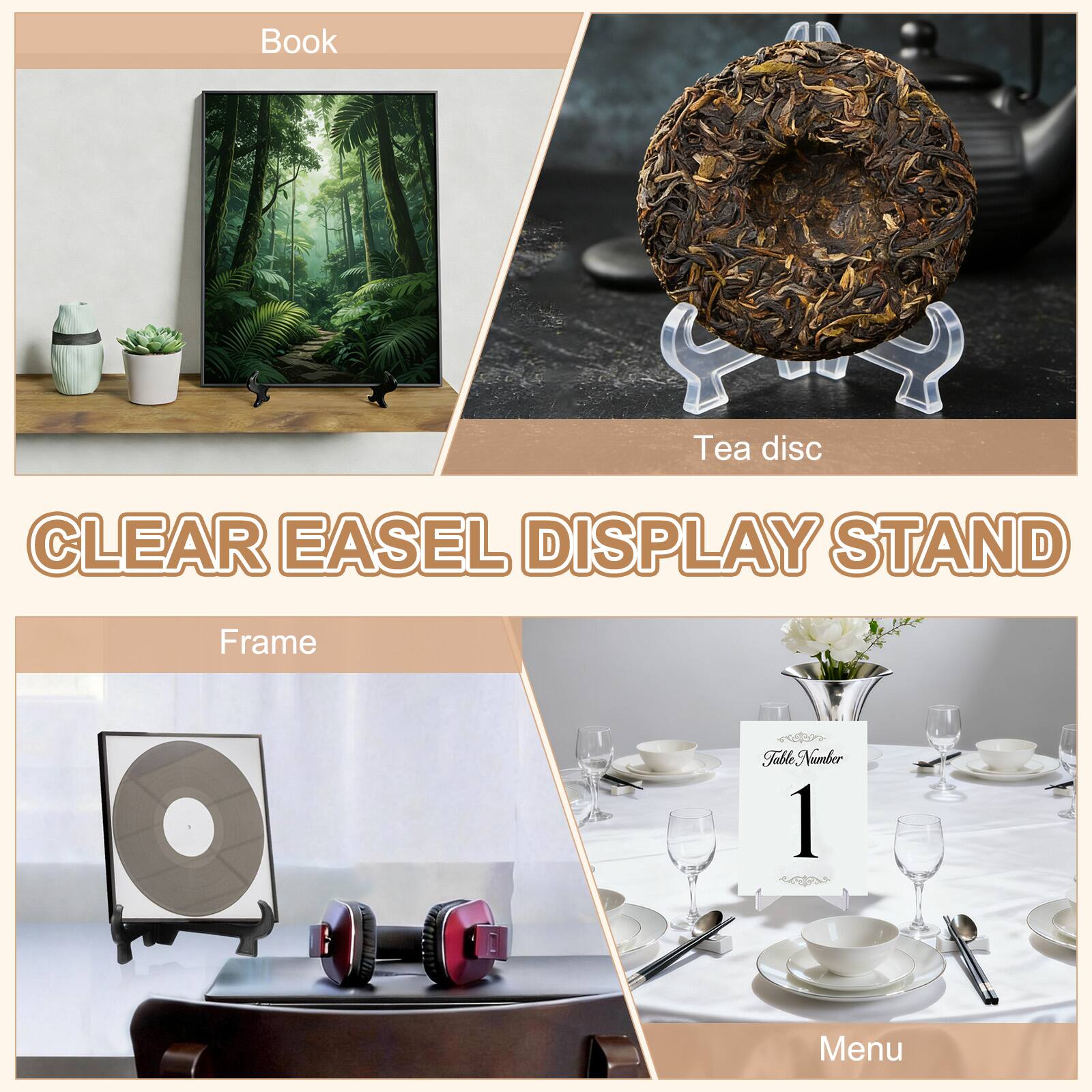 Book  
Tea disc  
CLEAR EASEL DISPLAY STAND  
Frame  
Table Number 1  
Menu